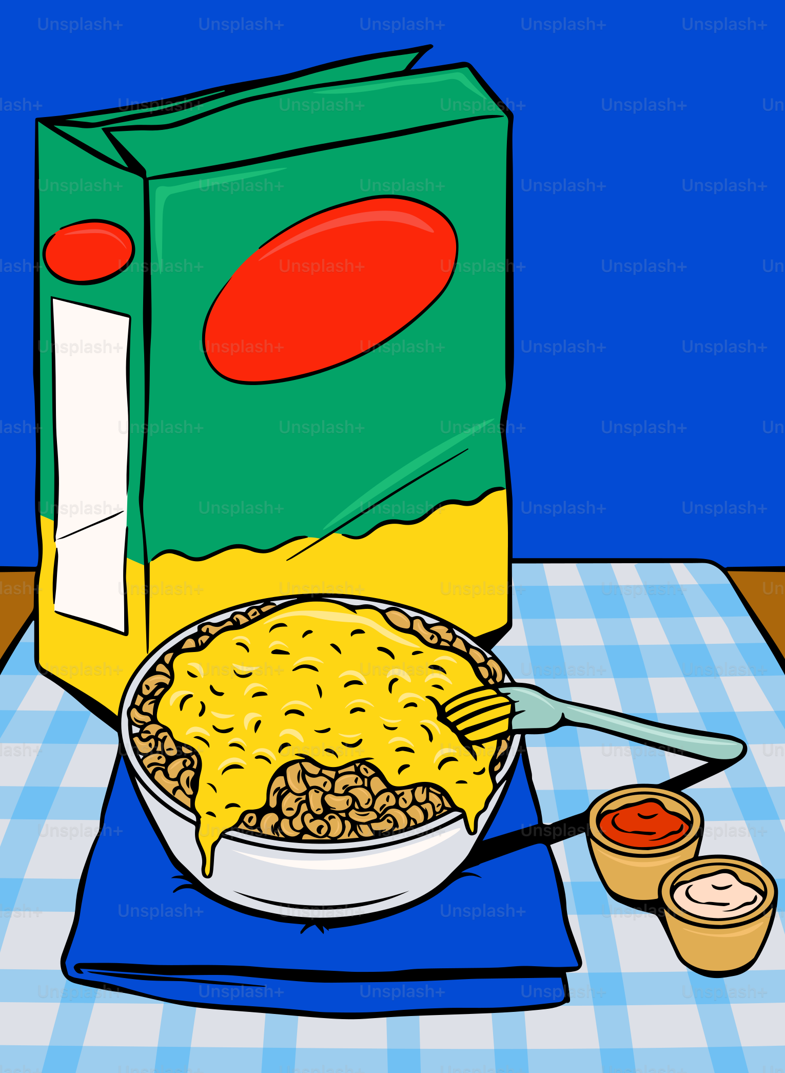 Bowl of macaroni and cheese with ketchup and mayo.