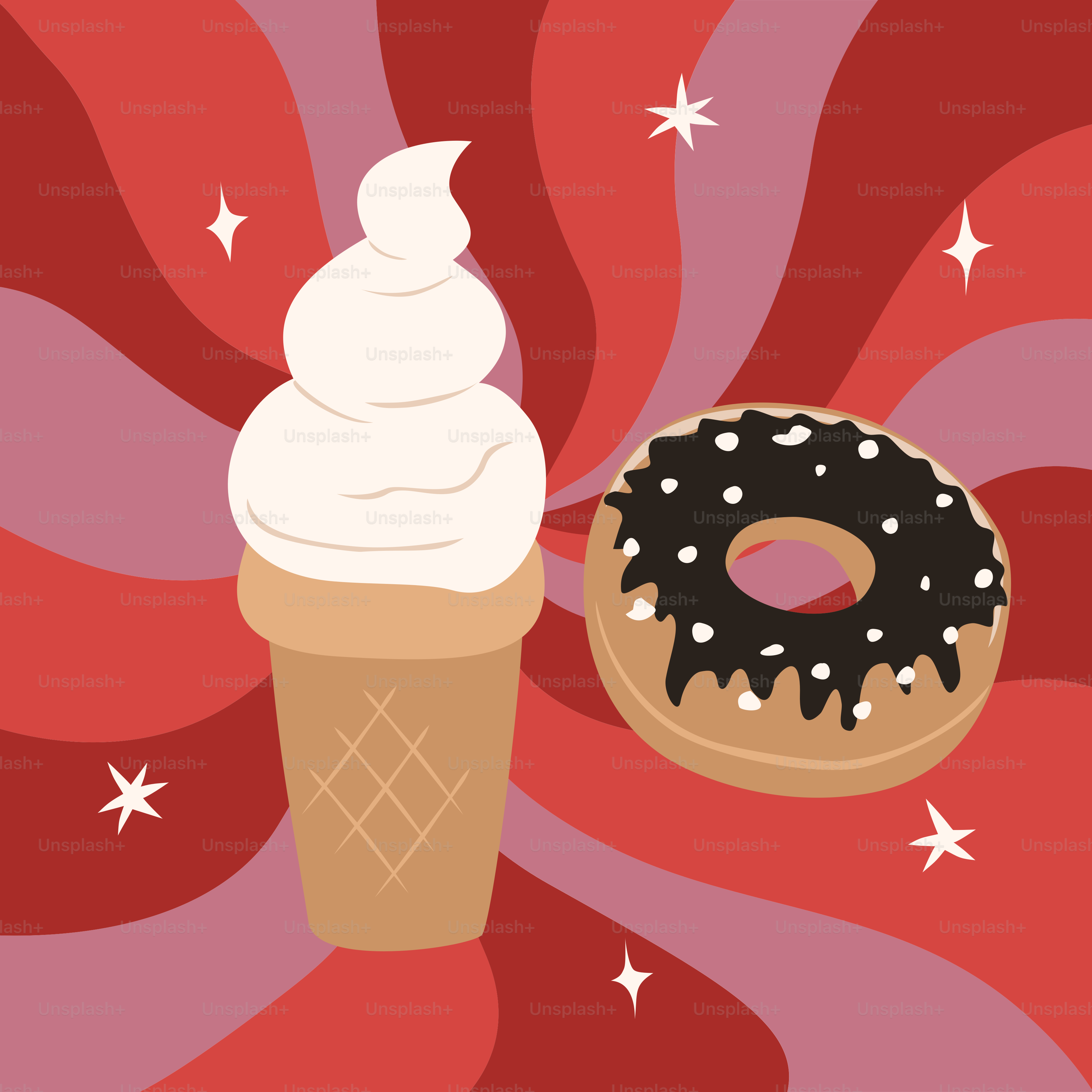 Ice cream cone and donut with starry background