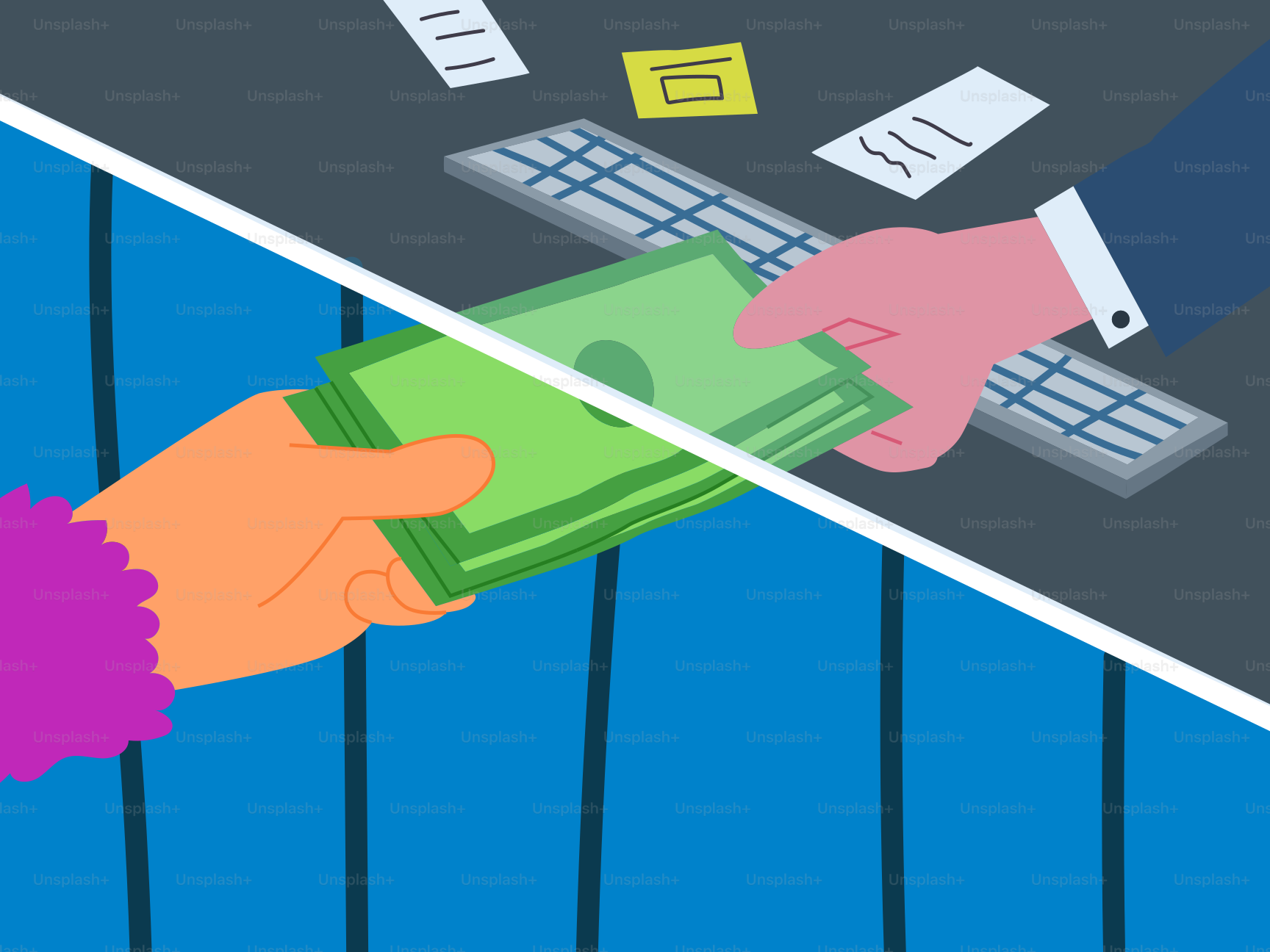 Two hands exchanging money over a desk