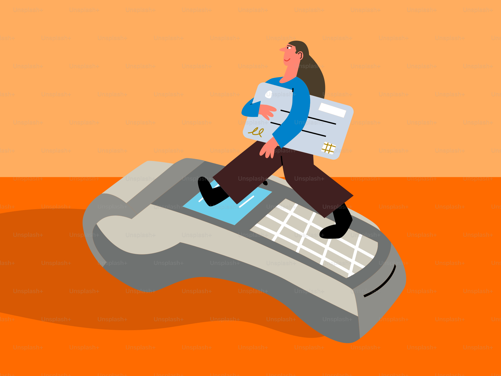 Woman walking on credit card machine with packages