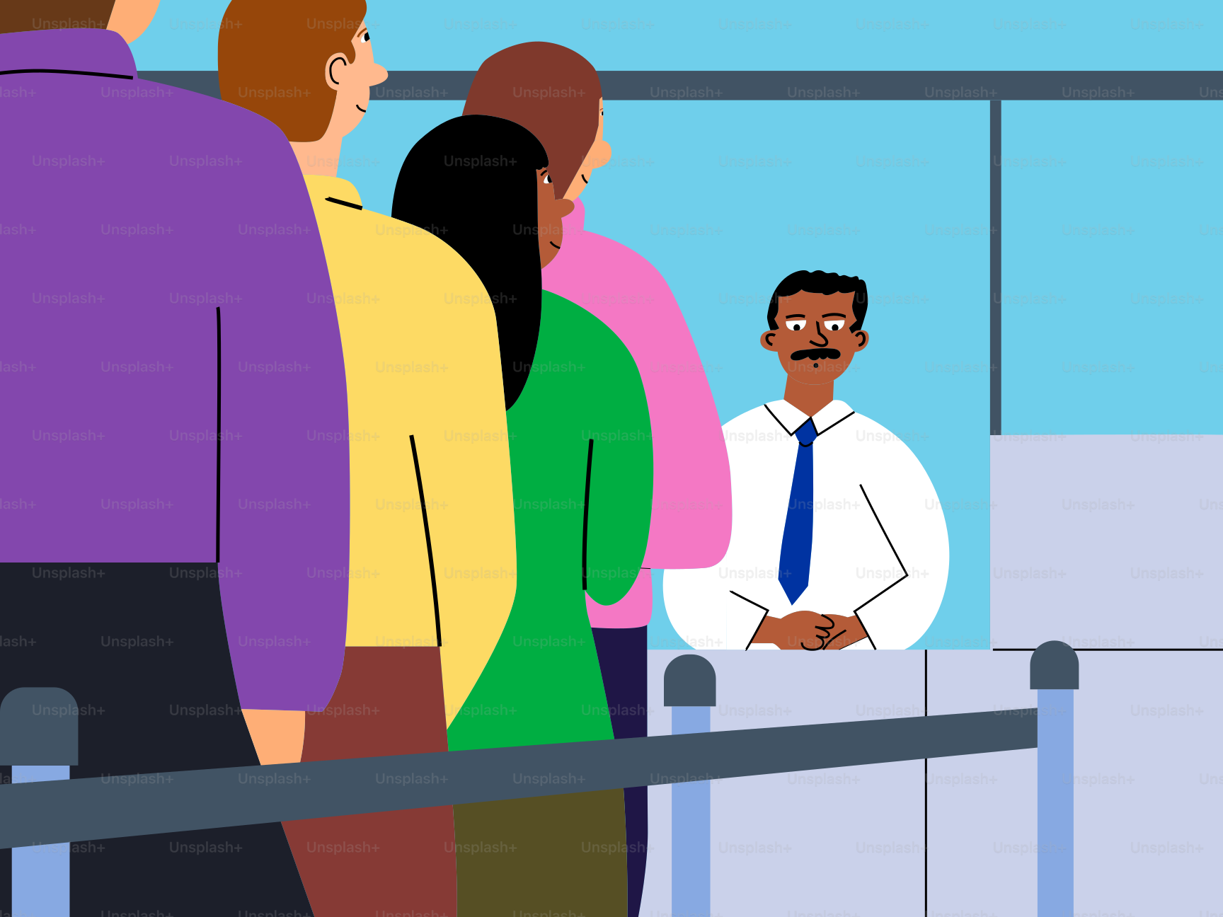 空港のチェックインカウンターで列に並ぶ人々