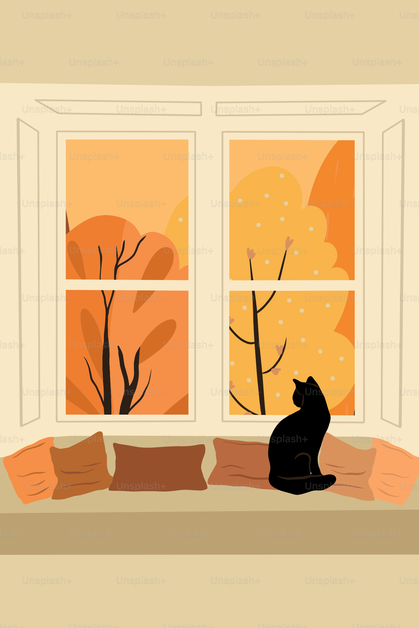 Die schwarze Katze sitzt auf der Fensterbank und blickt auf die Herbstbäume.