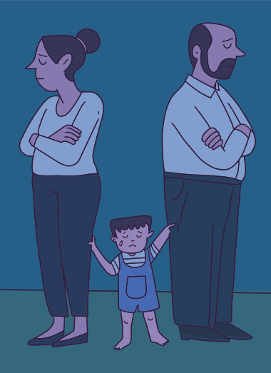 Parents with arms crossed ignore upset child between them