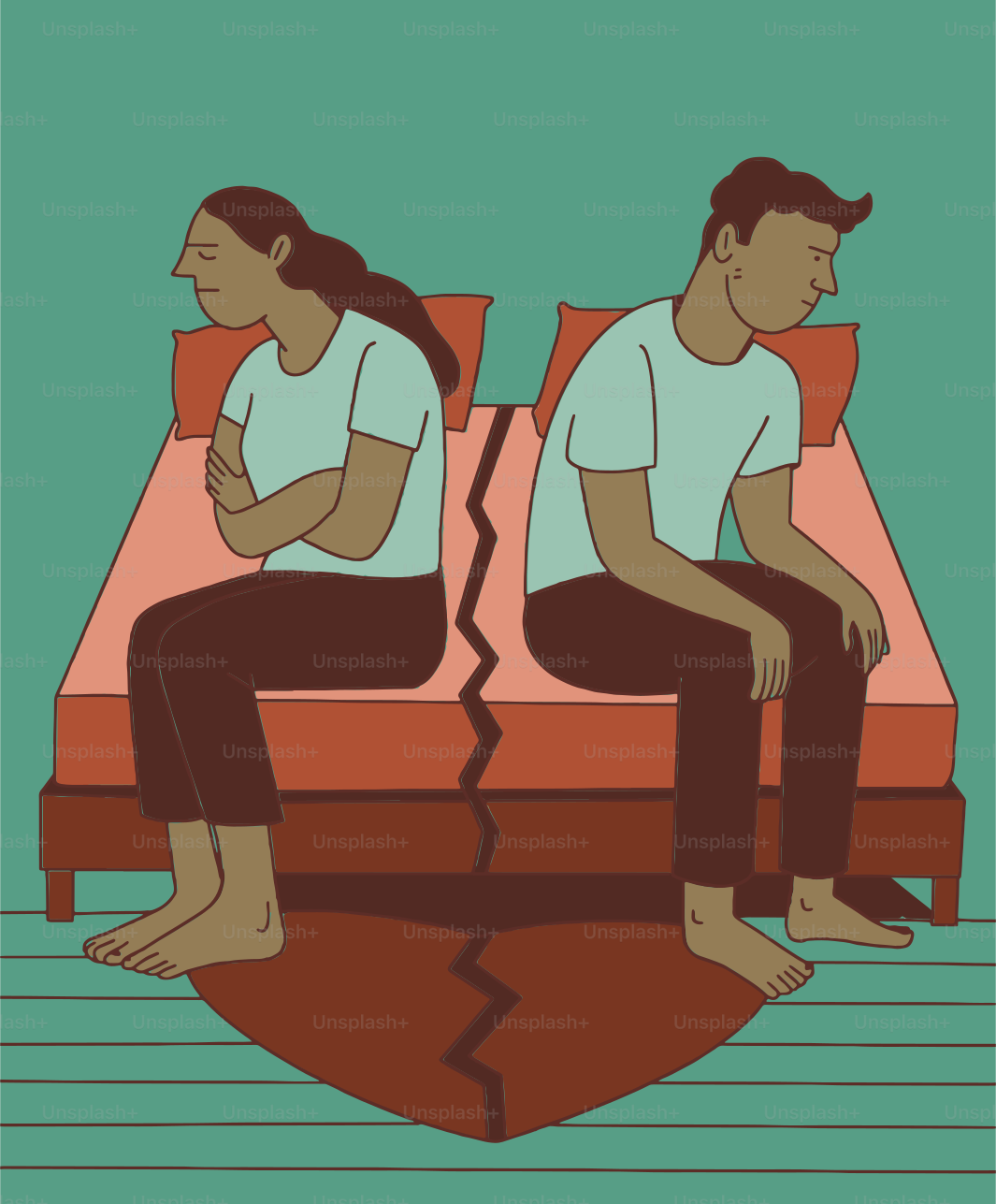 Pasangan duduk terpisah di tempat tidur yang rusak