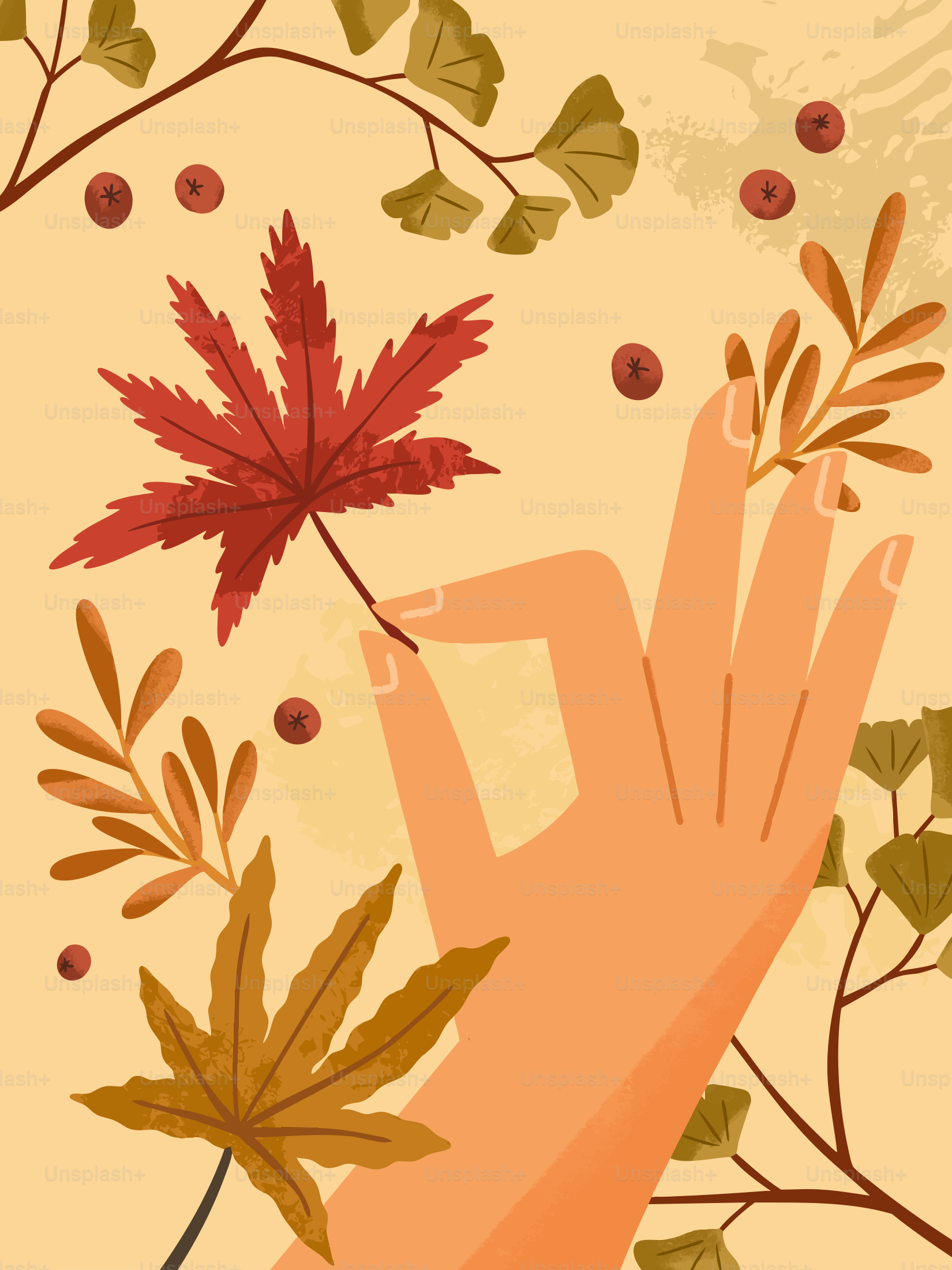 Hand holding a red maple leaf with autumn foliage.