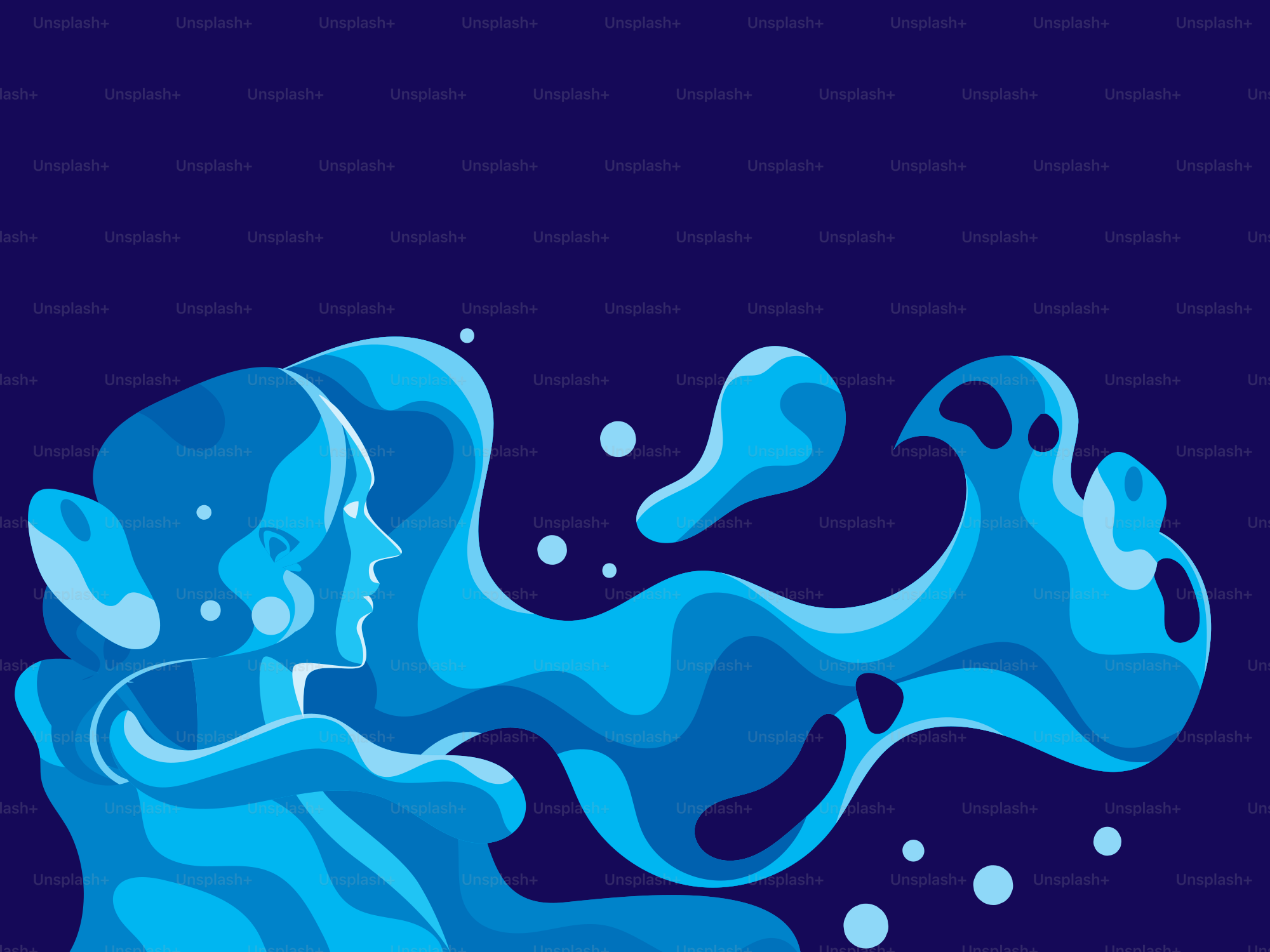 Abstract blue water flowing around a woman's profile