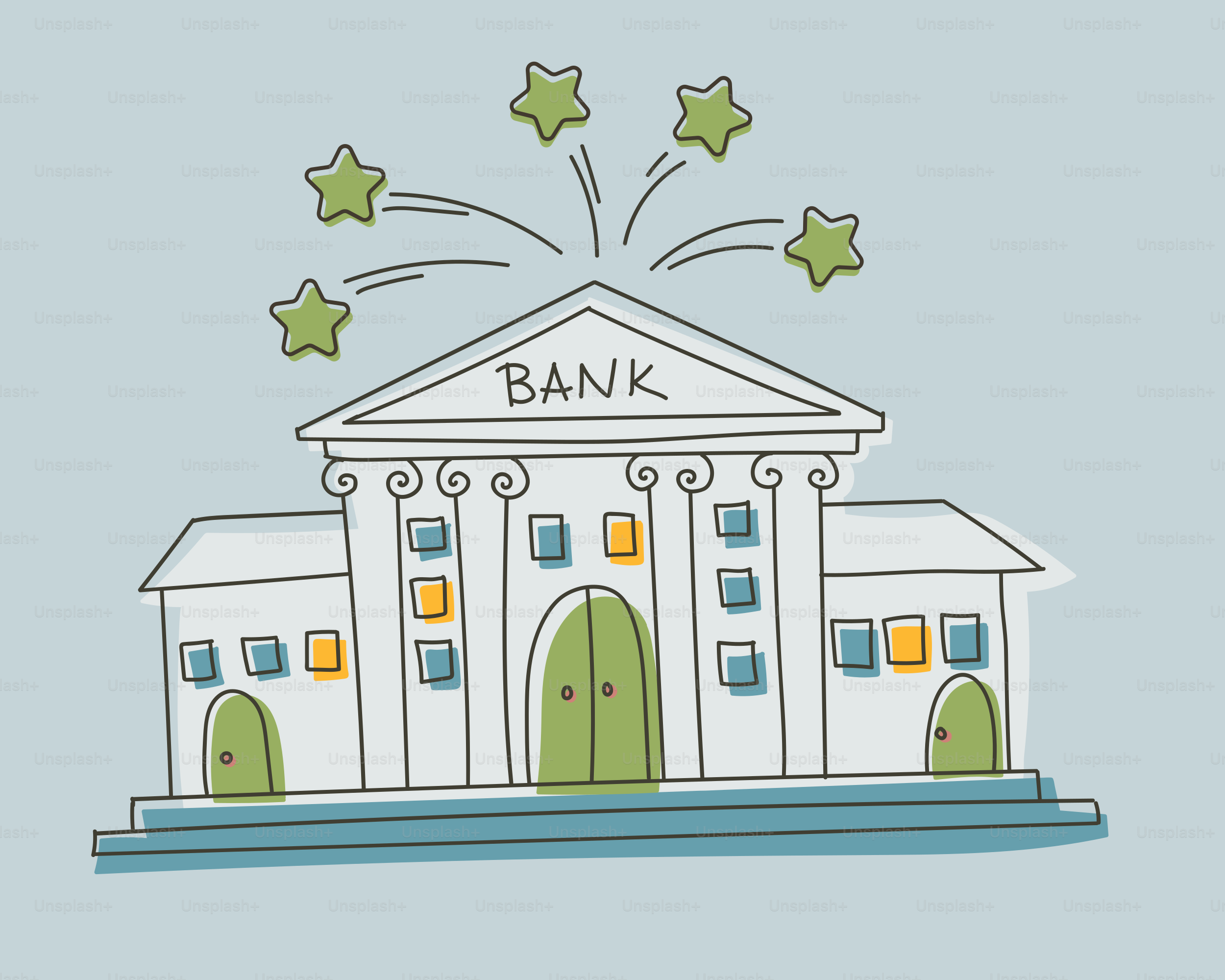 Bank building with green leaves bursting upwards.