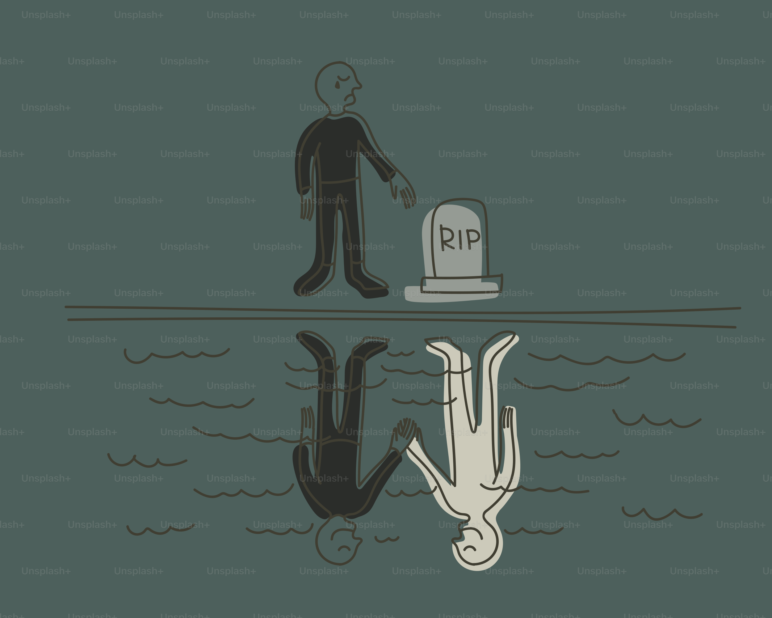 Silhouette of person with tombstone reflected in water