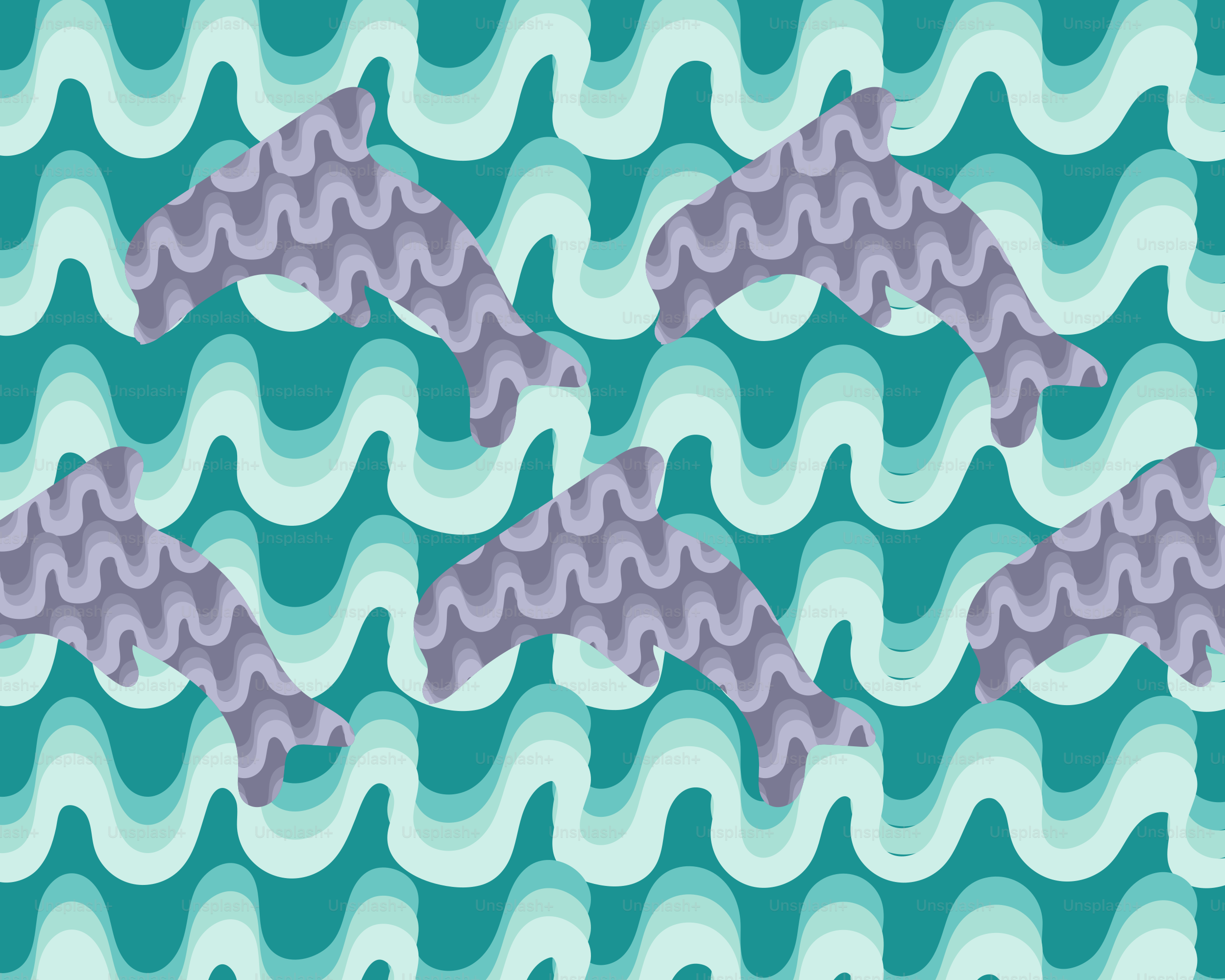 Dolphins swimming through stylized blue waves