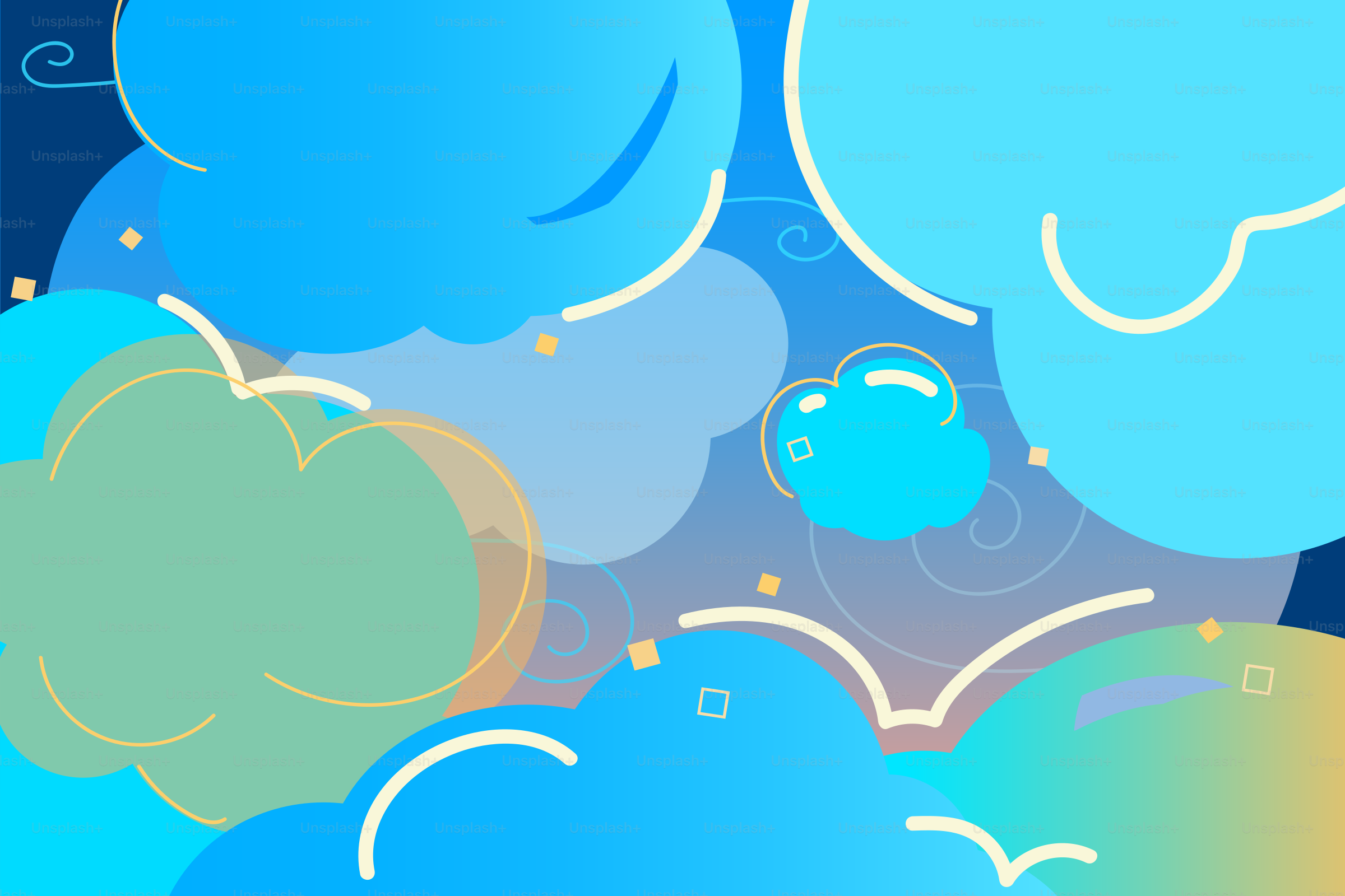Stylized blue clouds with glowing outlines and sparkles