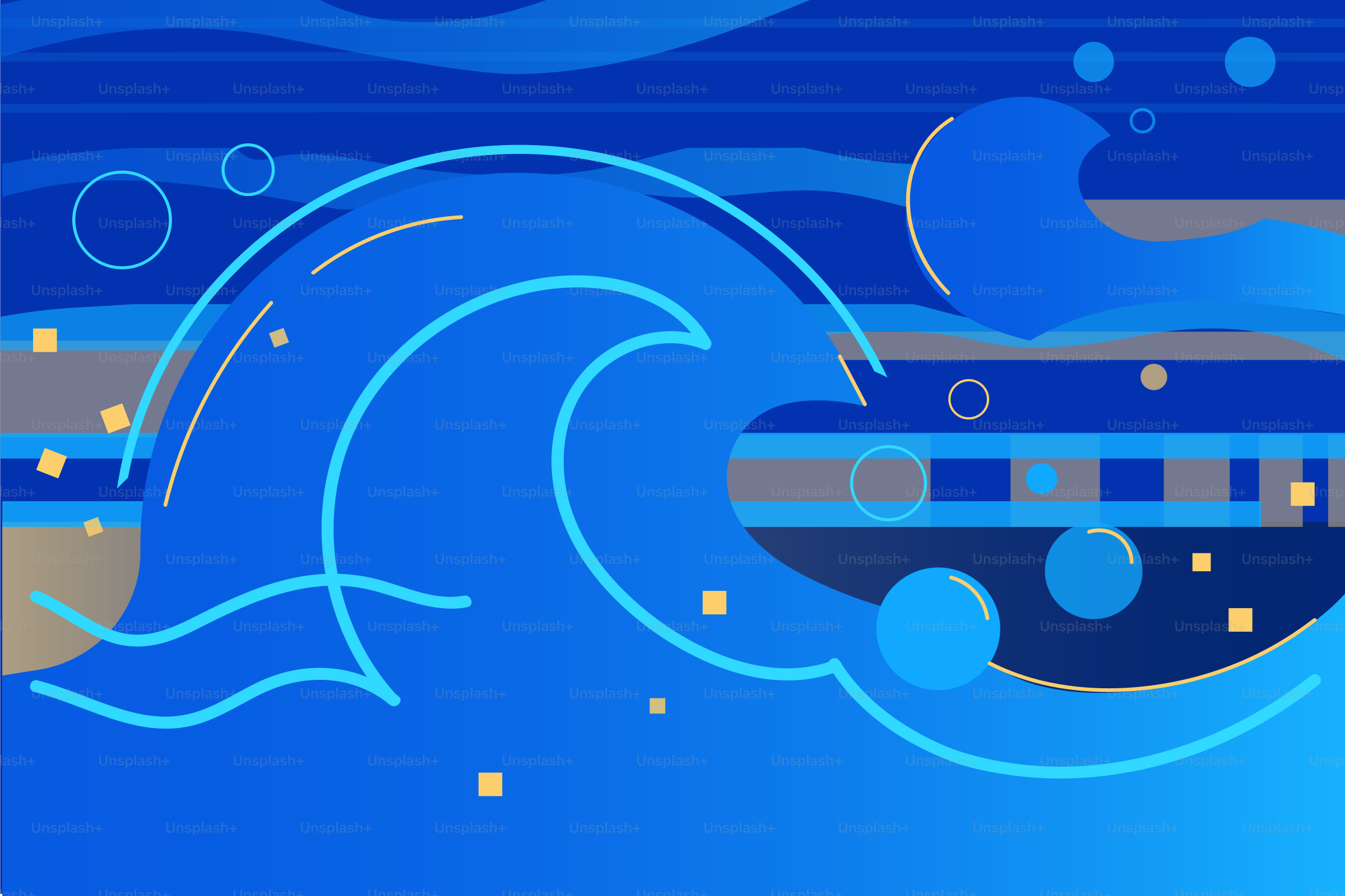 Stylized blue ocean waves with abstract elements