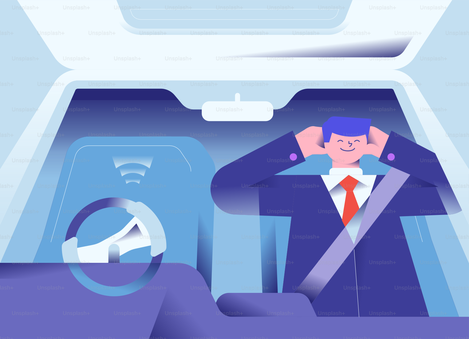 Man in suit covers ears inside a self-driving car.