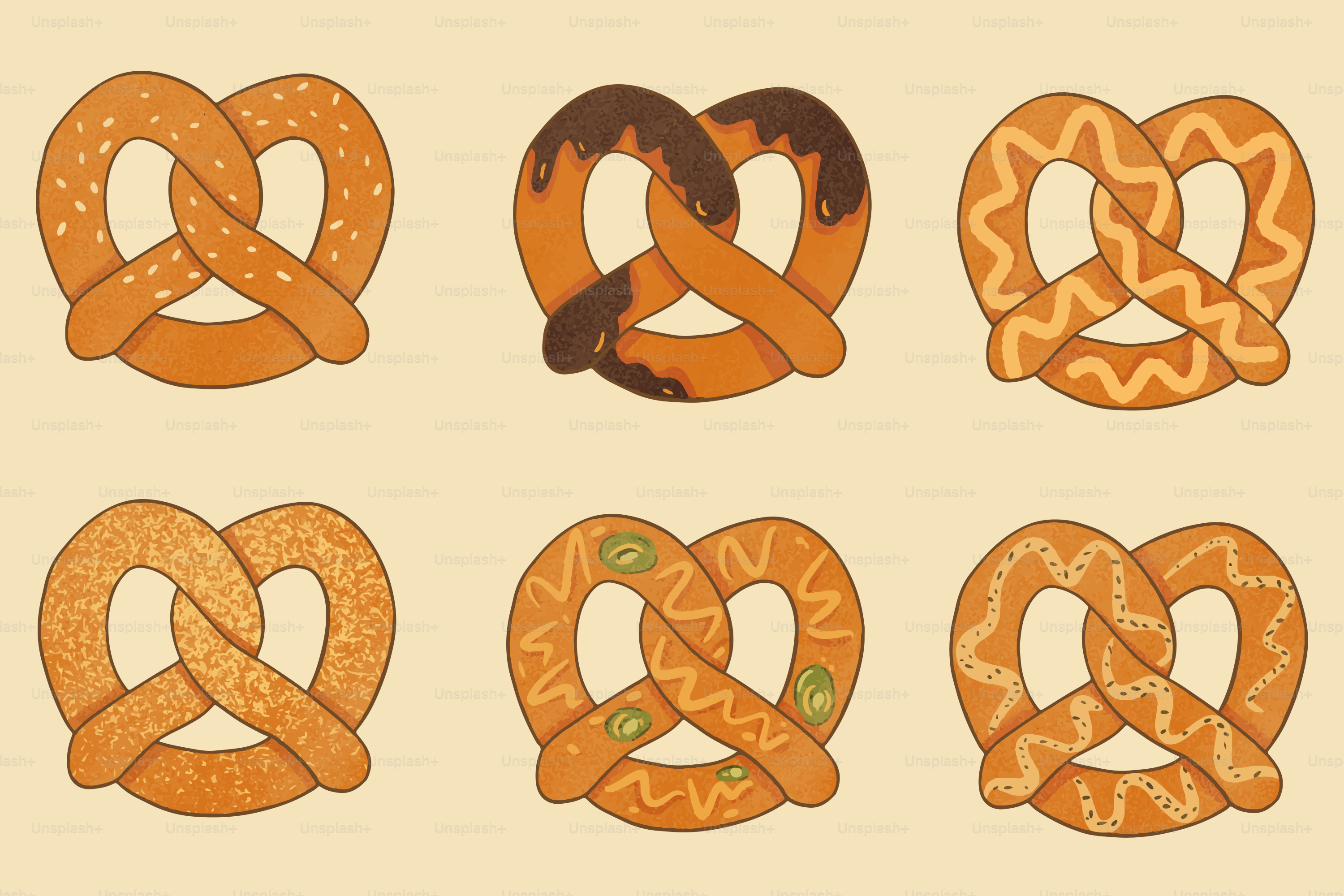 Six bretzels variés sur fond brun clair