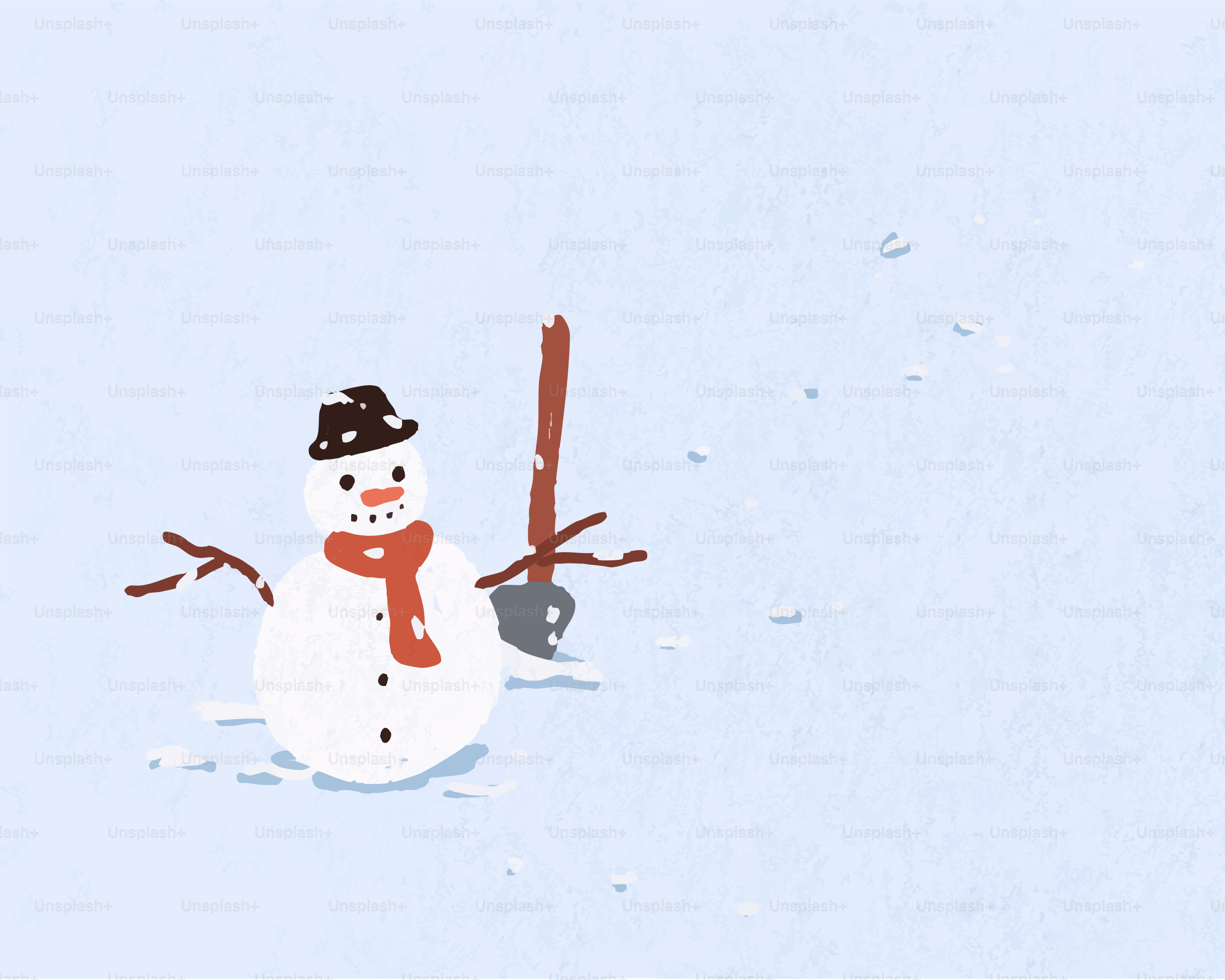Snowman with shovel and scarf in the snow