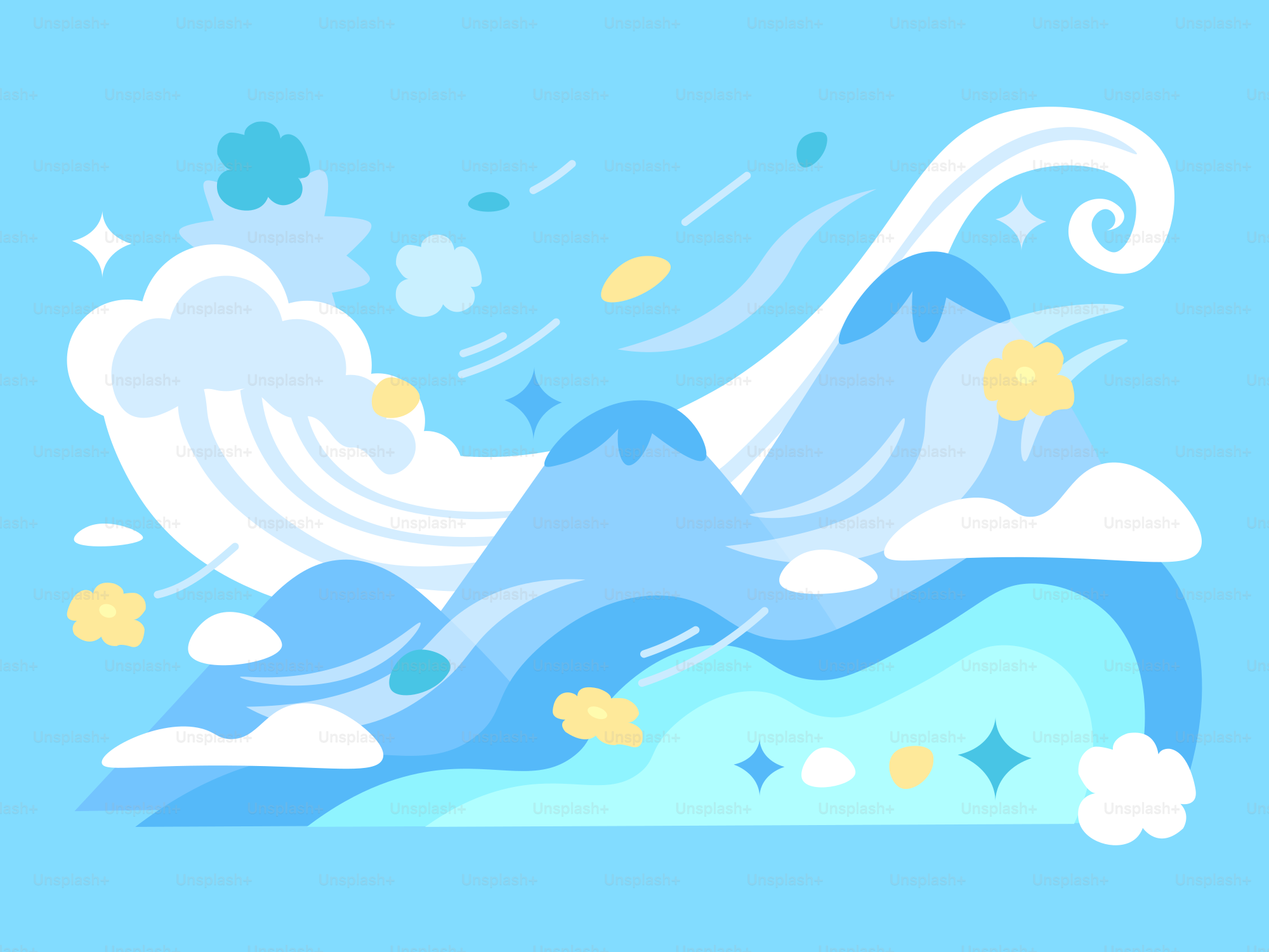 Stylized mountains with waves and clouds under blue sky