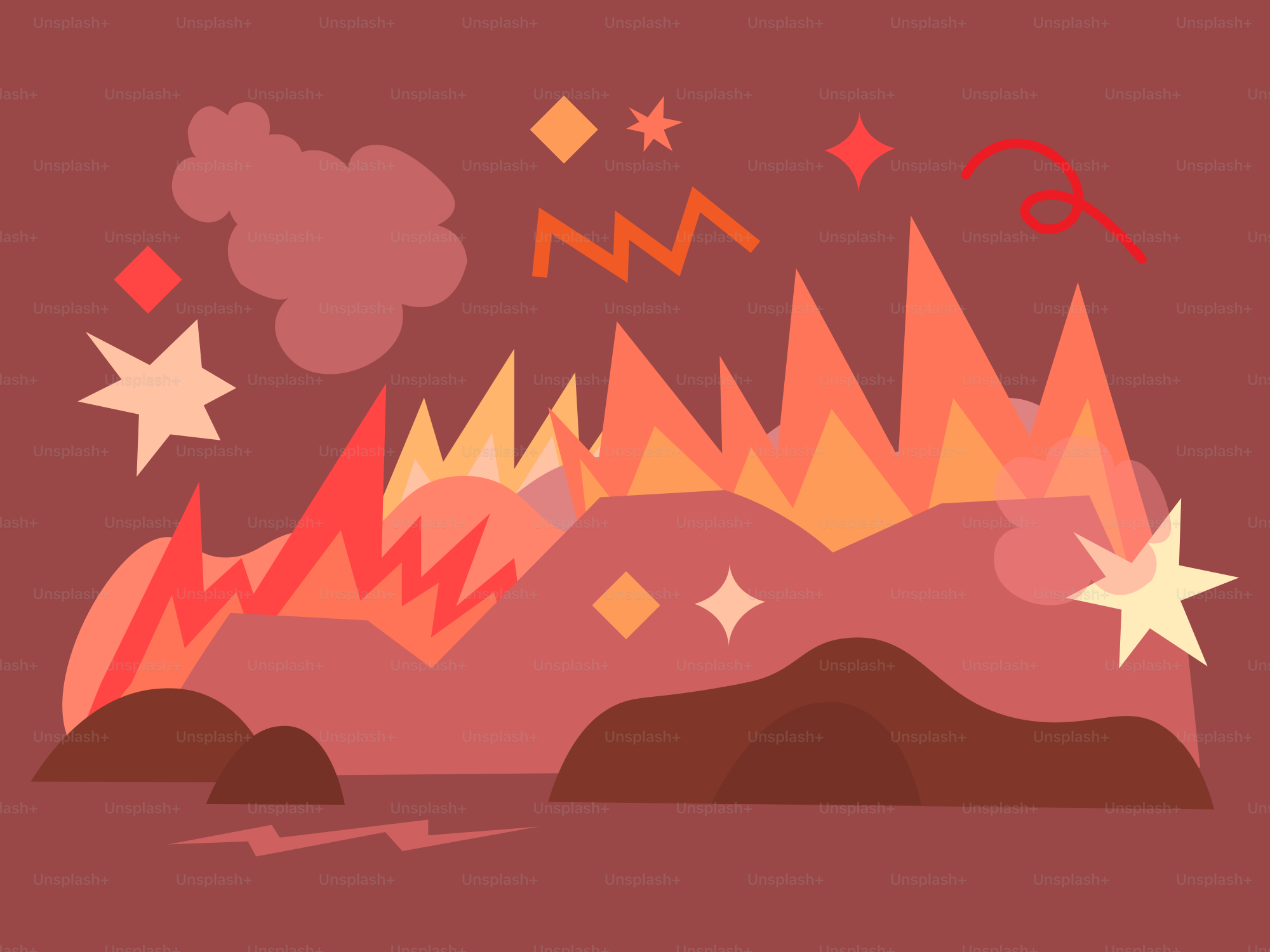 Abstract landscape with fiery mountains and stars