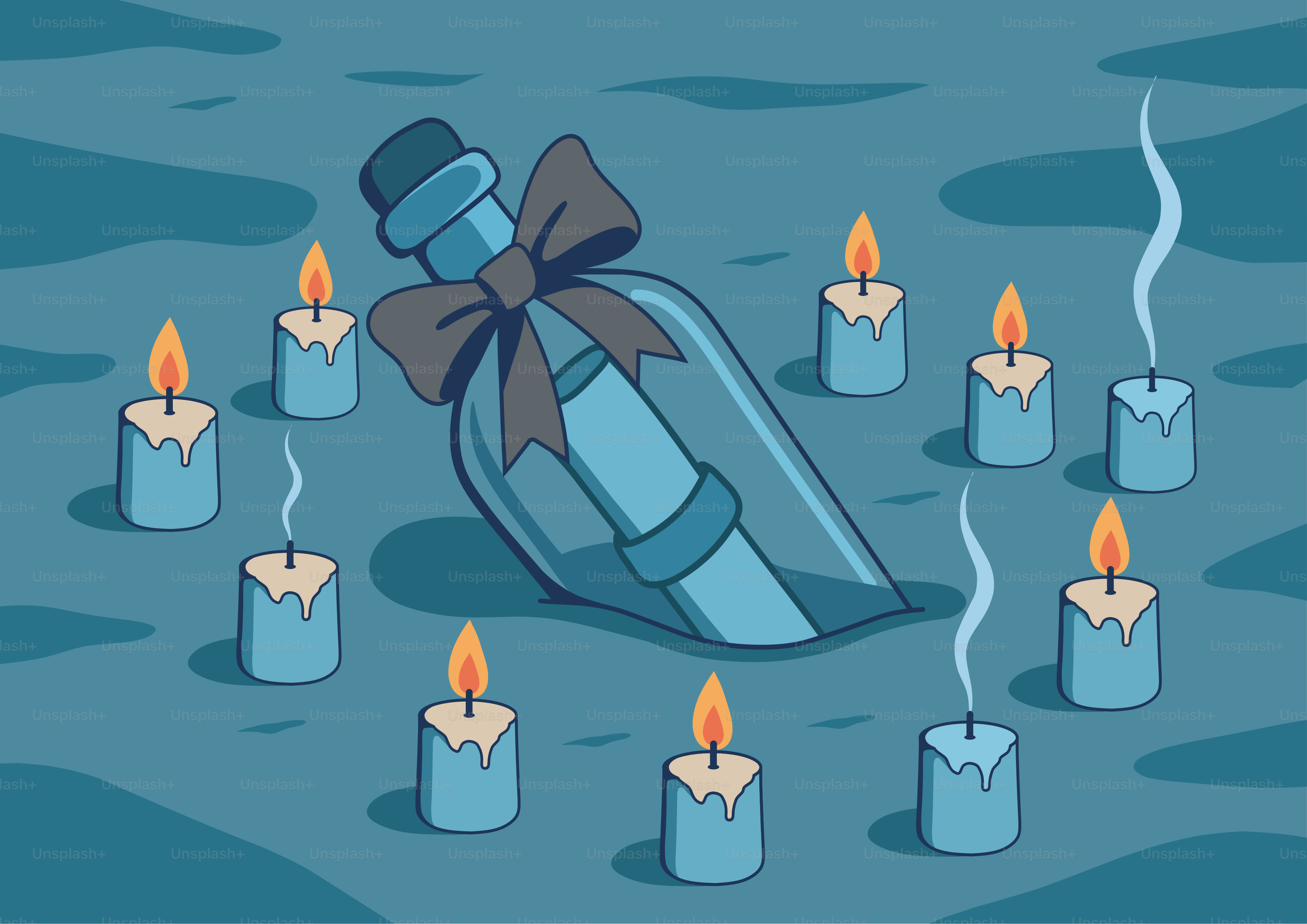 A bottle surrounded by lit candles at night