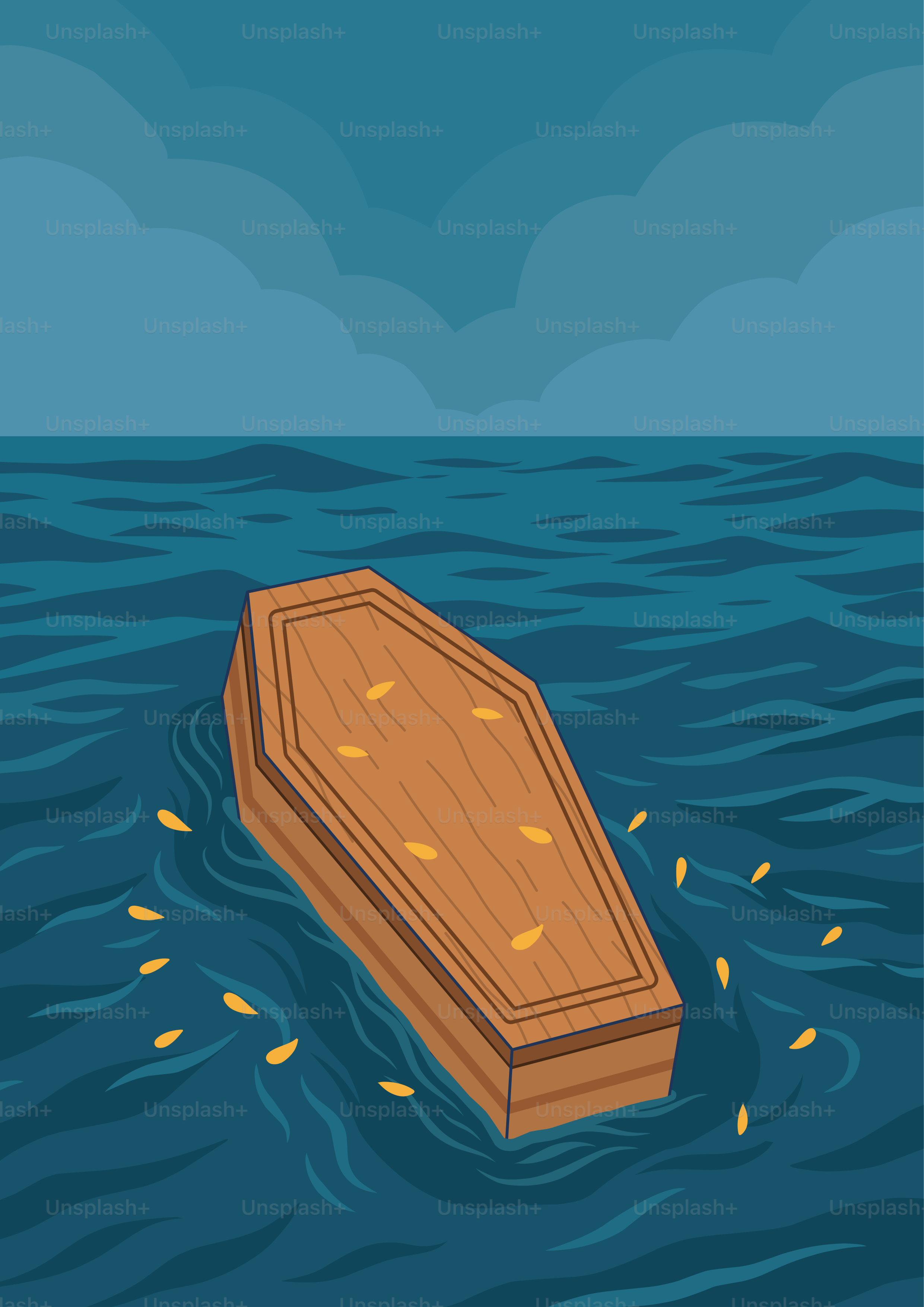 A coffin floats on the dark ocean waves.