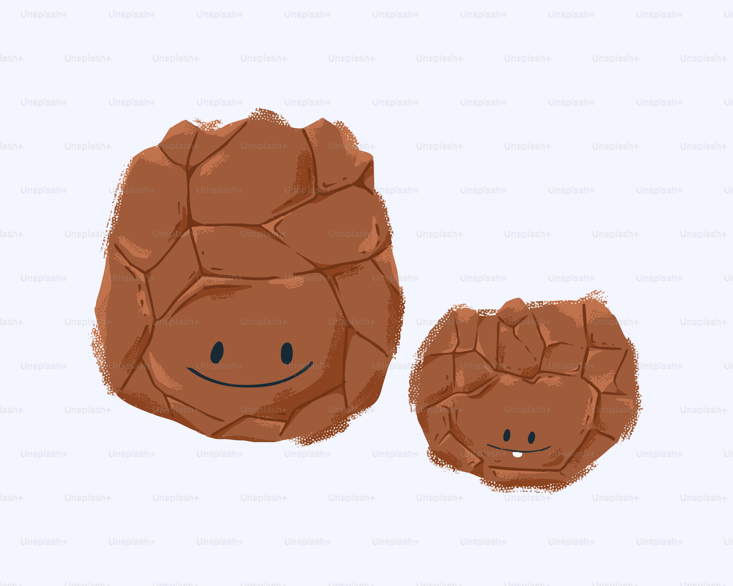 Two brown cartoon rocks with faces on white background