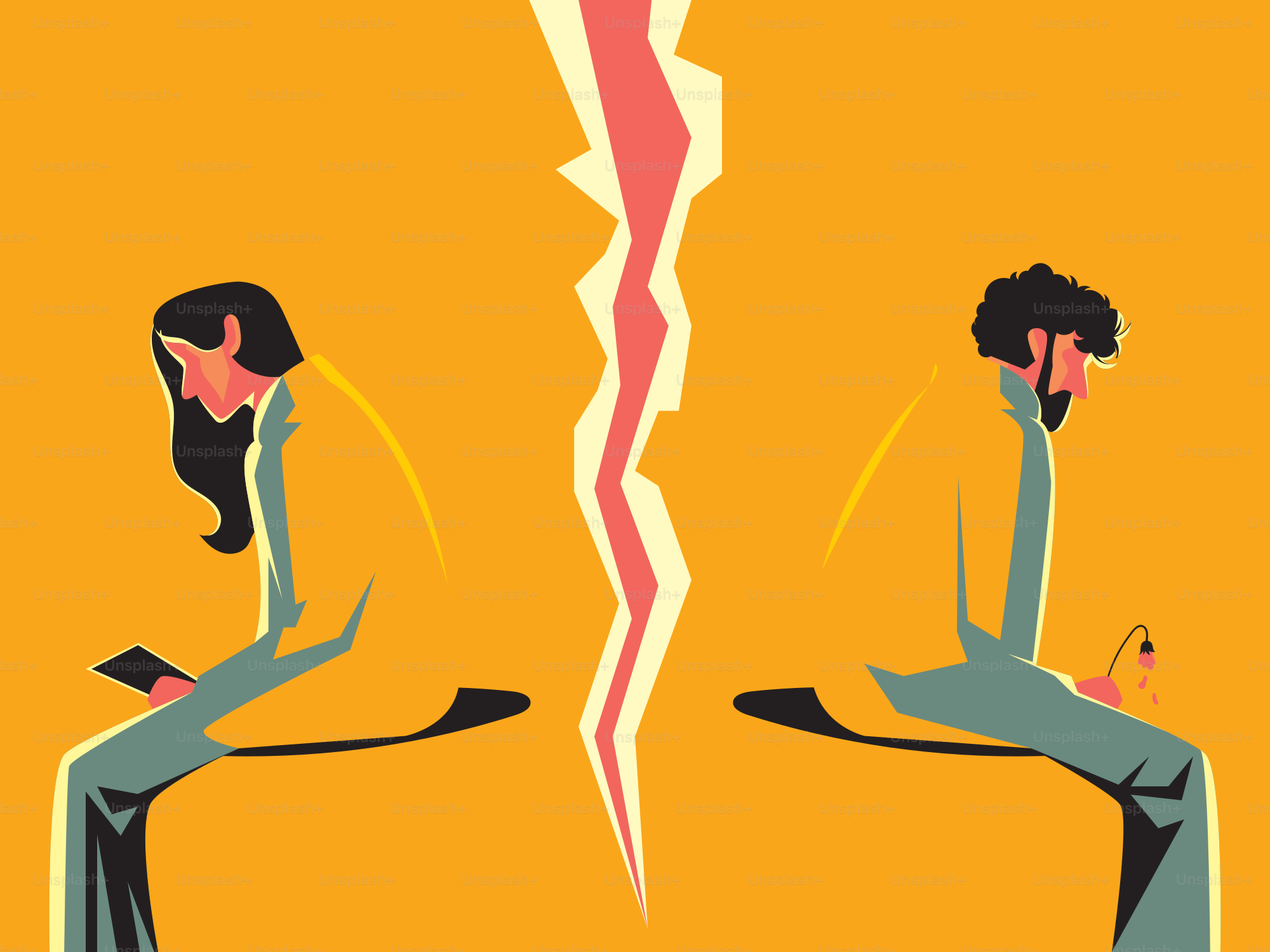 Couple sitting apart with a crack between them