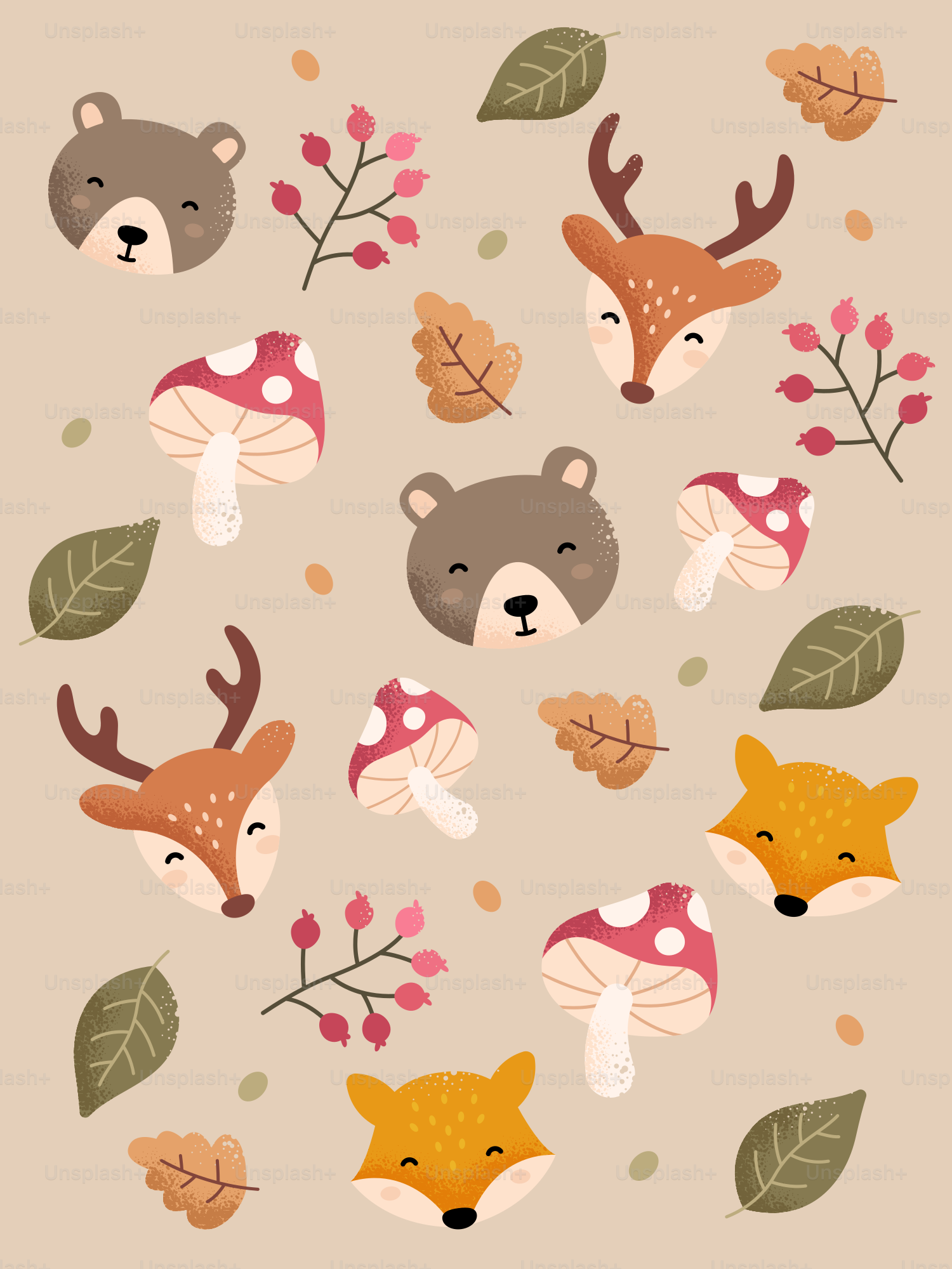 Cute forest animals and mushrooms on a beige background