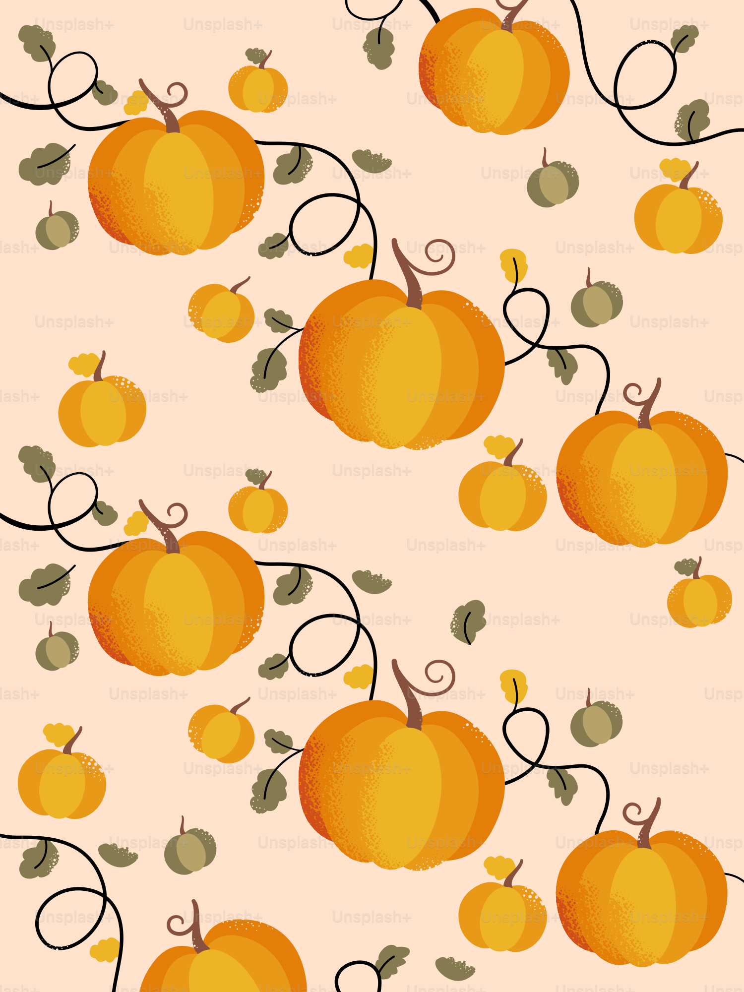 Orange pumpkins and green vines on a peach background.