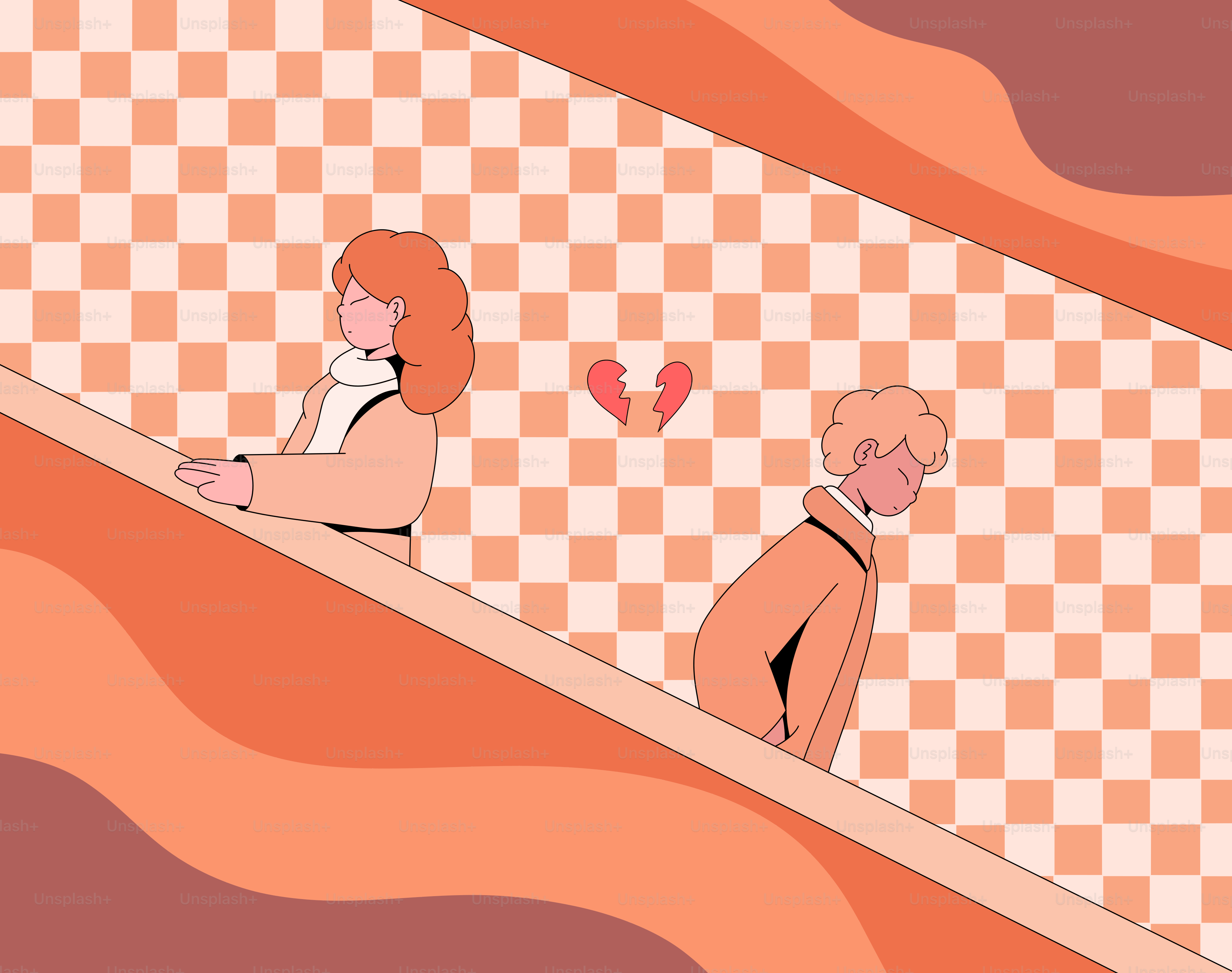 Two figures on a checkered background with wavy shapes