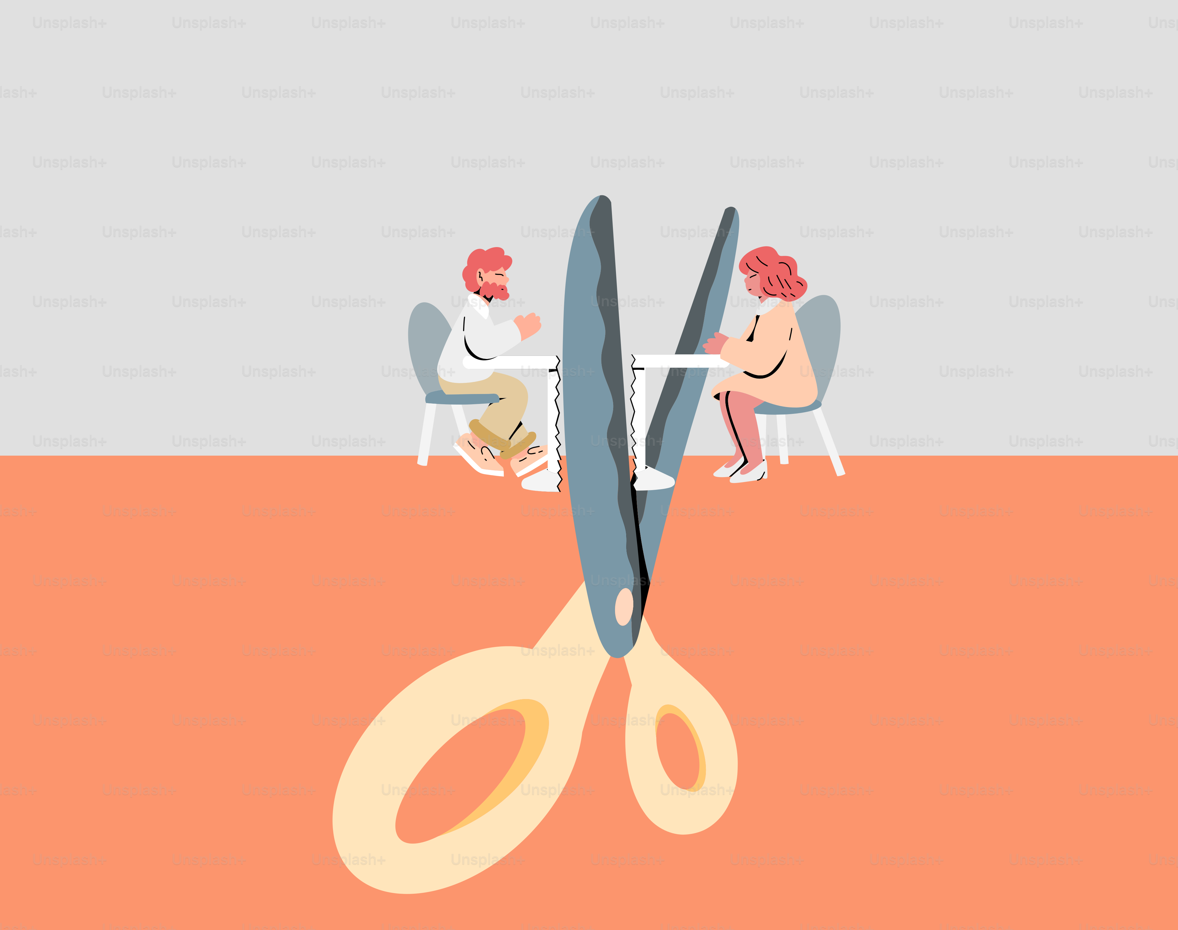 Scissors cutting through cartoon figures