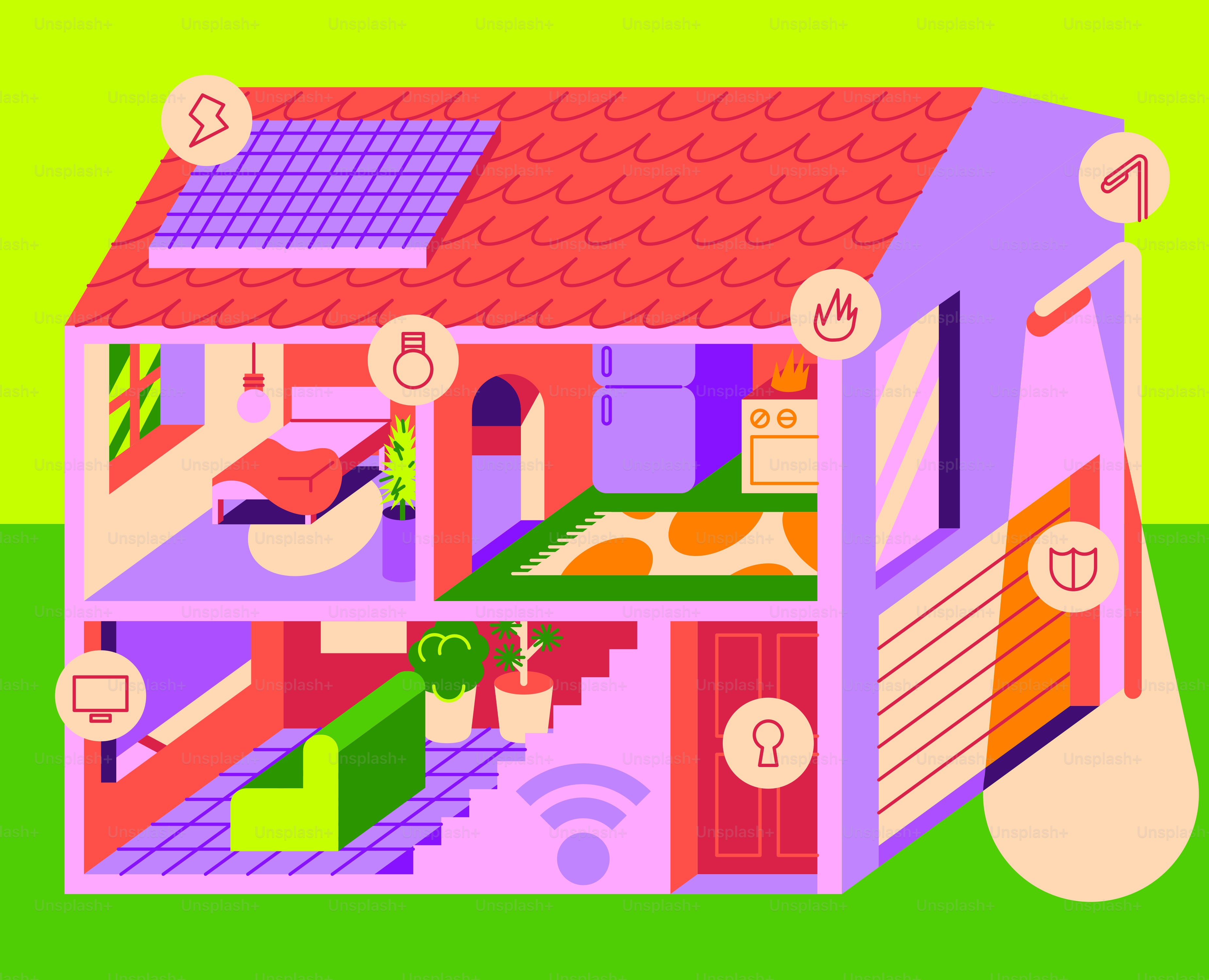 Smart home illustration with various connected devices and rooms ...