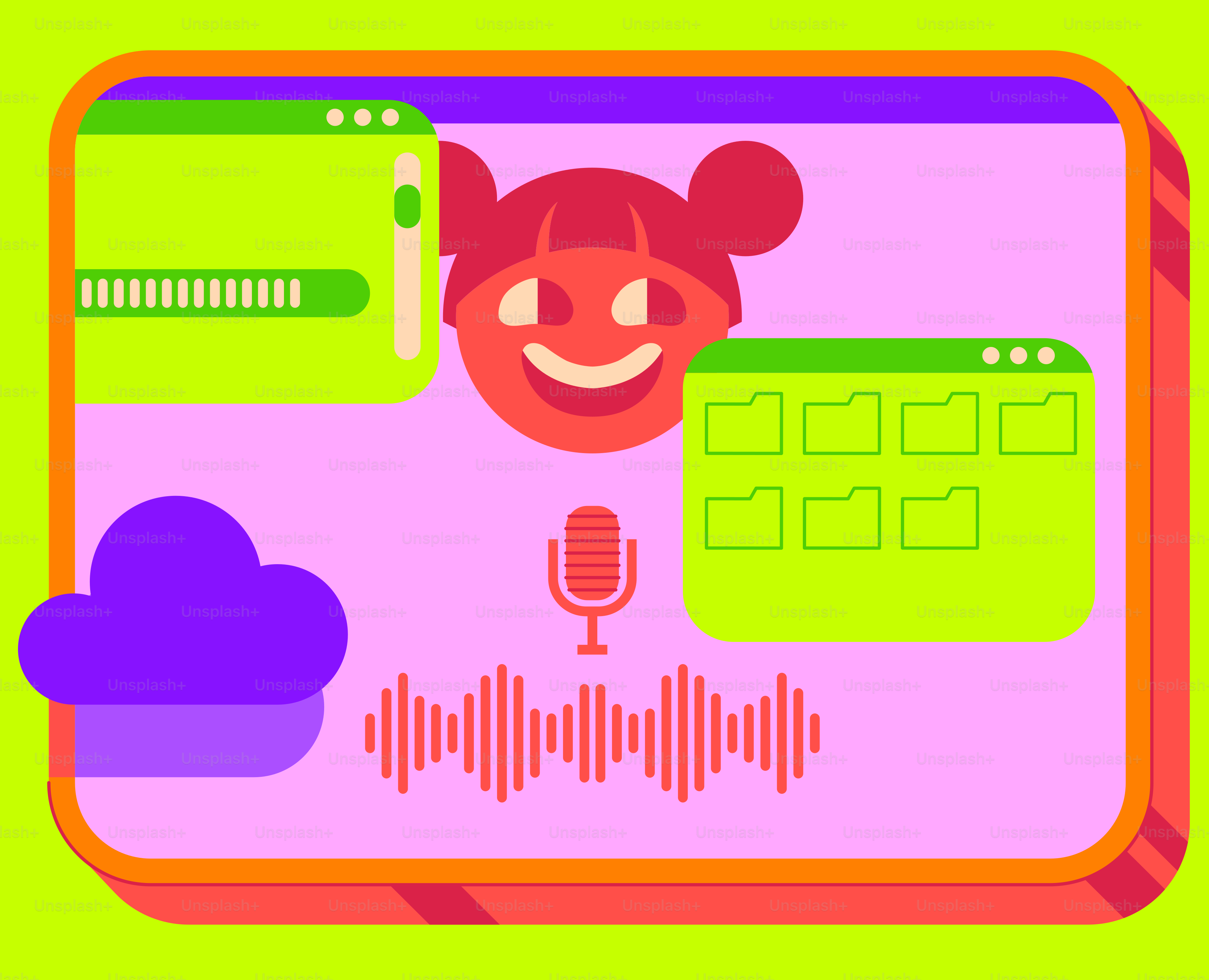Digitale Schnittstelle mit Cartoon-Charakter und Audiovisualisierung