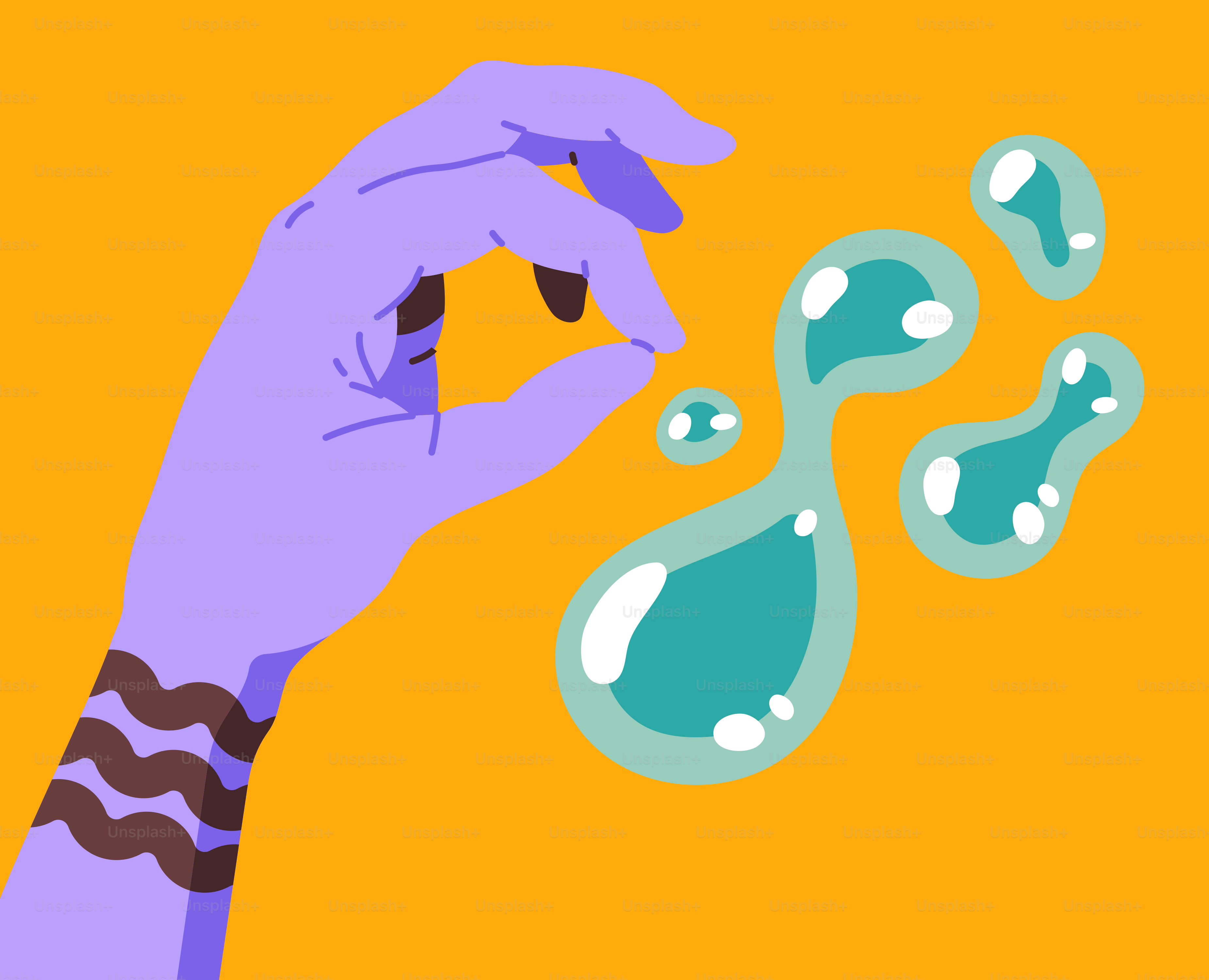 Purple hand releasing water droplets against orange background