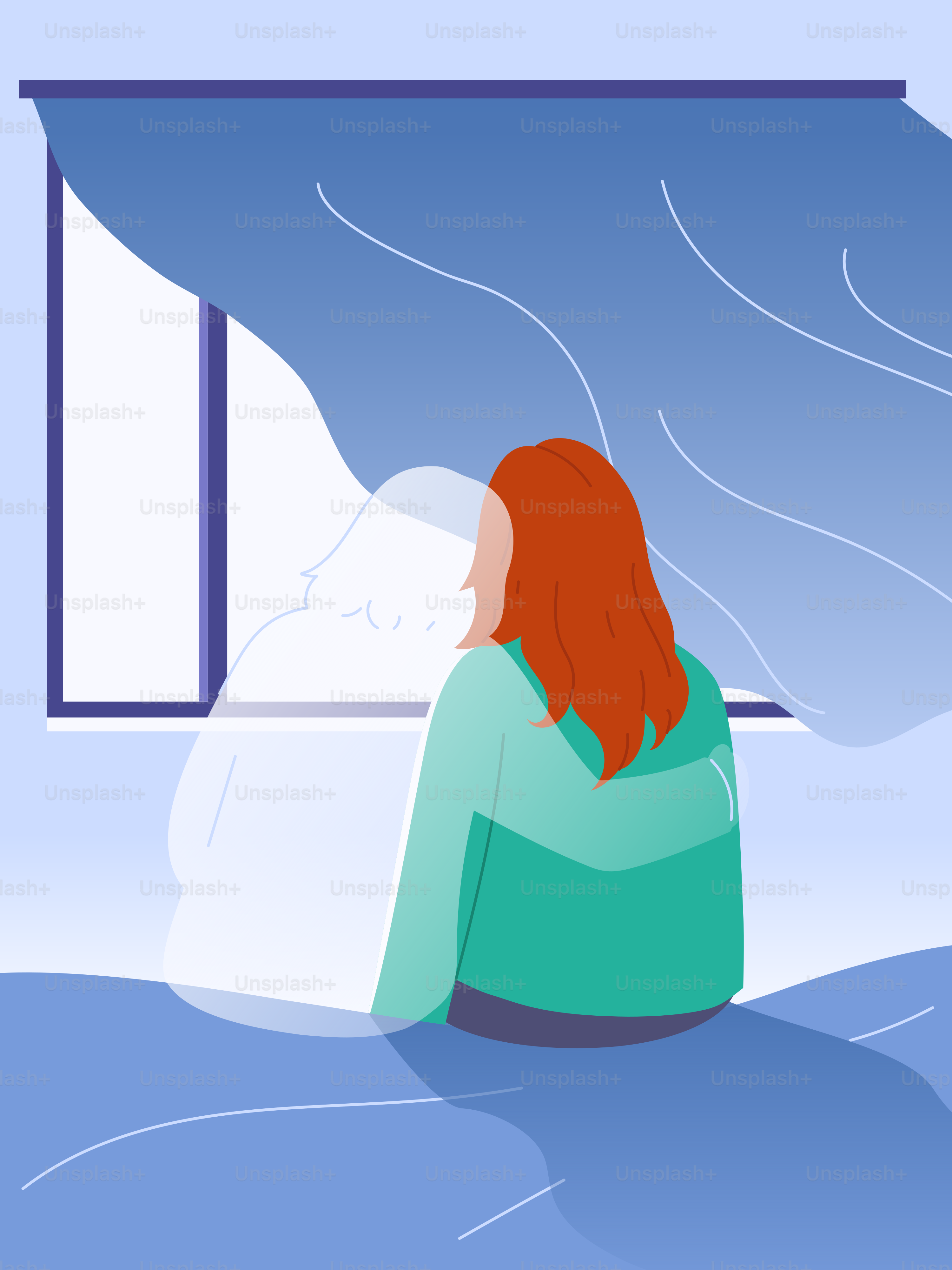 Woman looking out window with blue curtains blowing