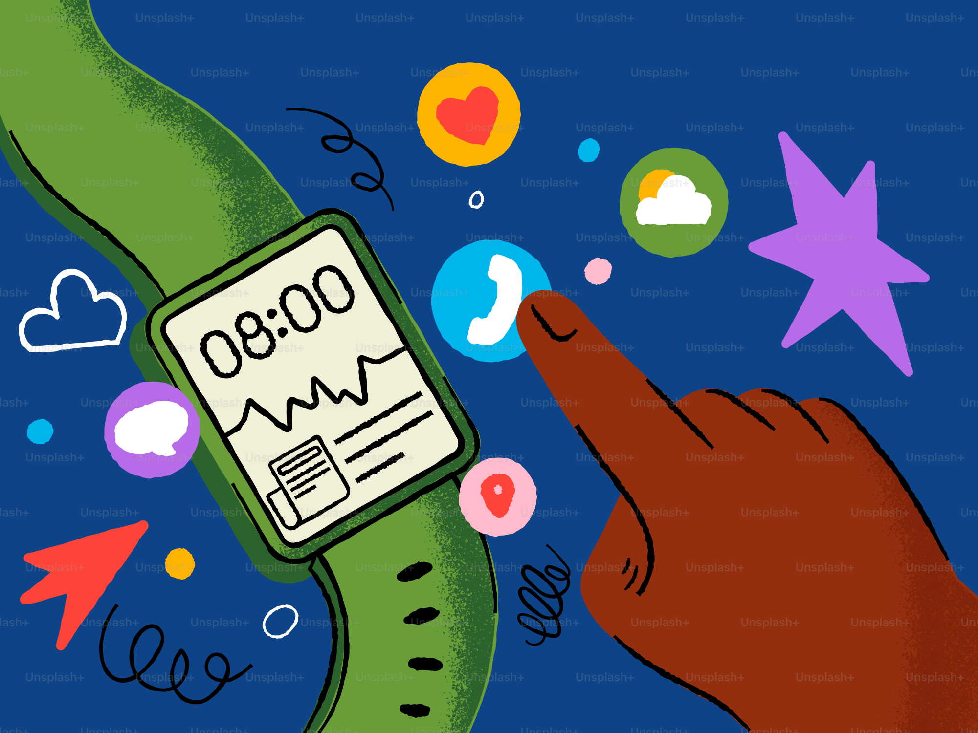 Toca con el dedo el reloj inteligente con iconos de salud.