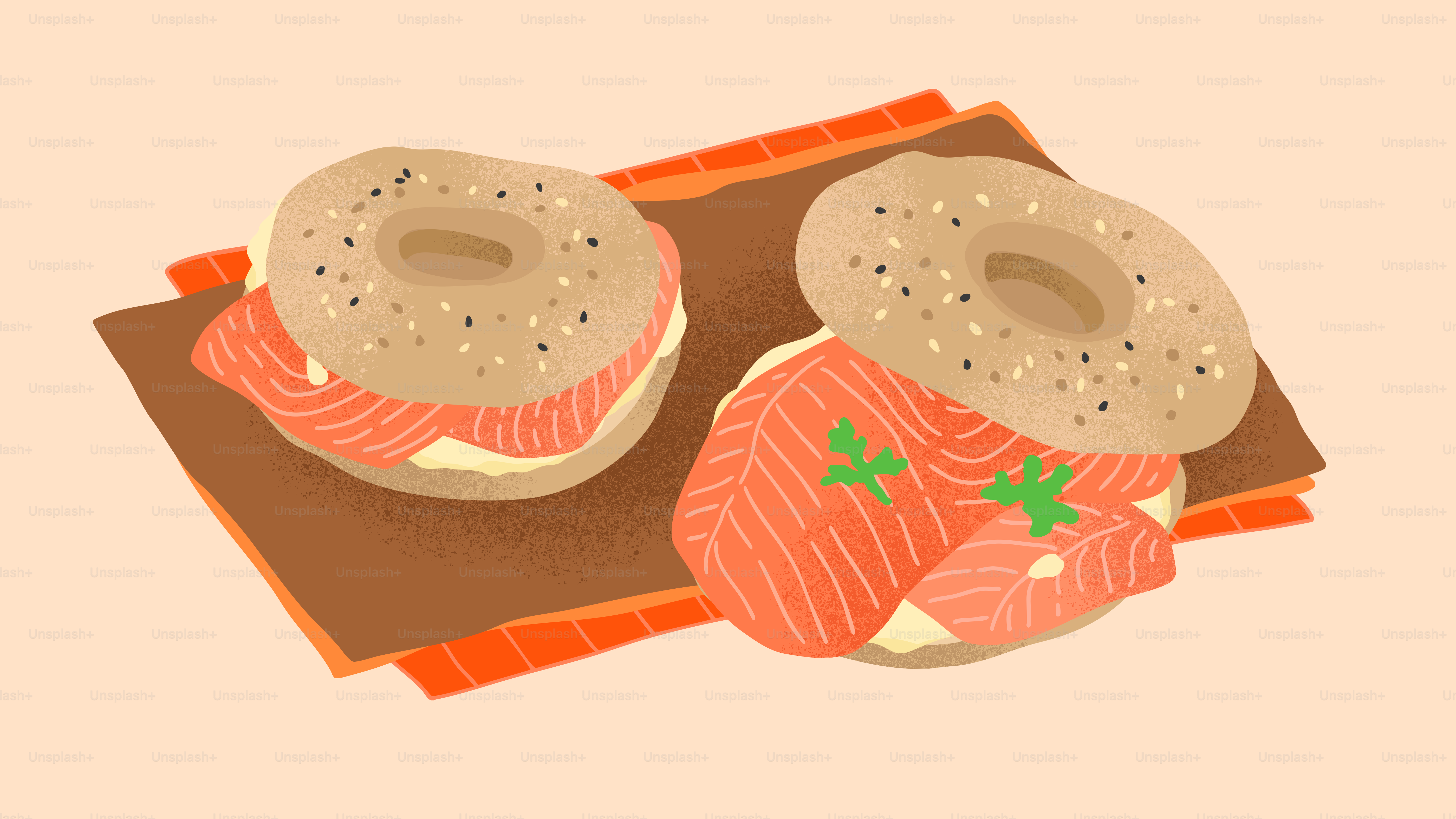 Two bagels with smoked salmon and cream cheese