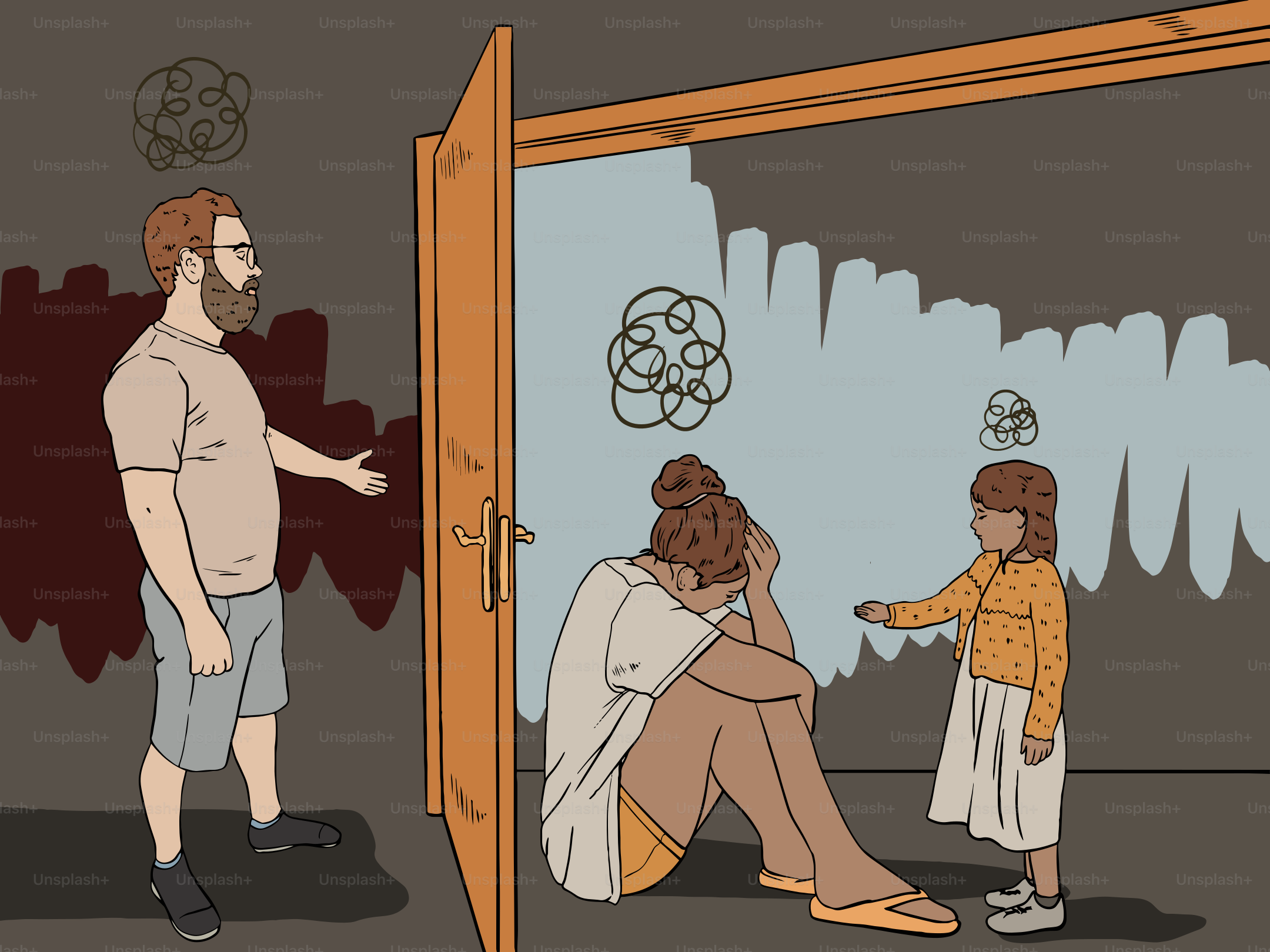 Man reaches out to woman and child indoors