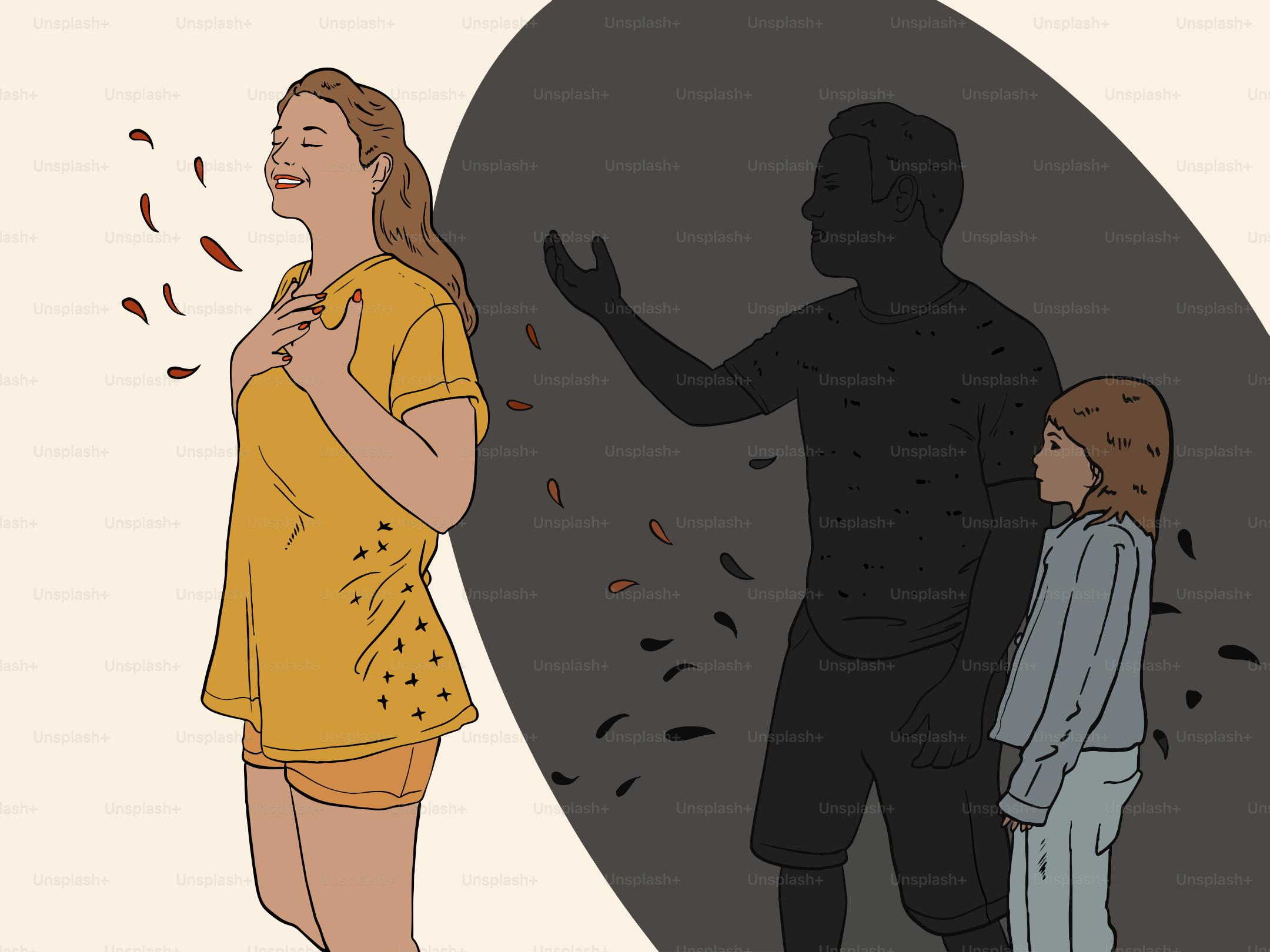 Woman shielding child from dark shadow figure