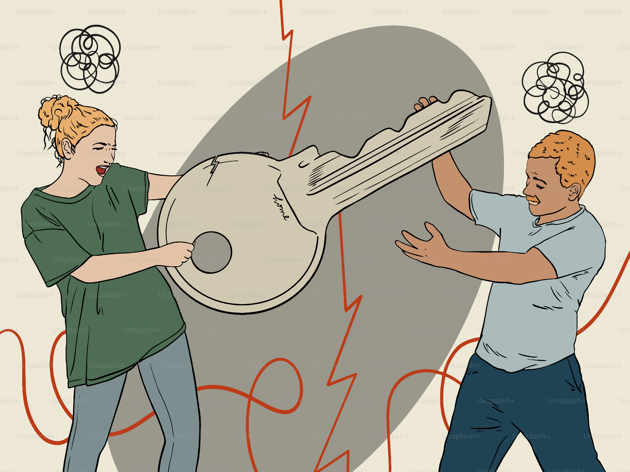 Zwei Personen halten einen großen Schlüssel zu einer ovalen Form.