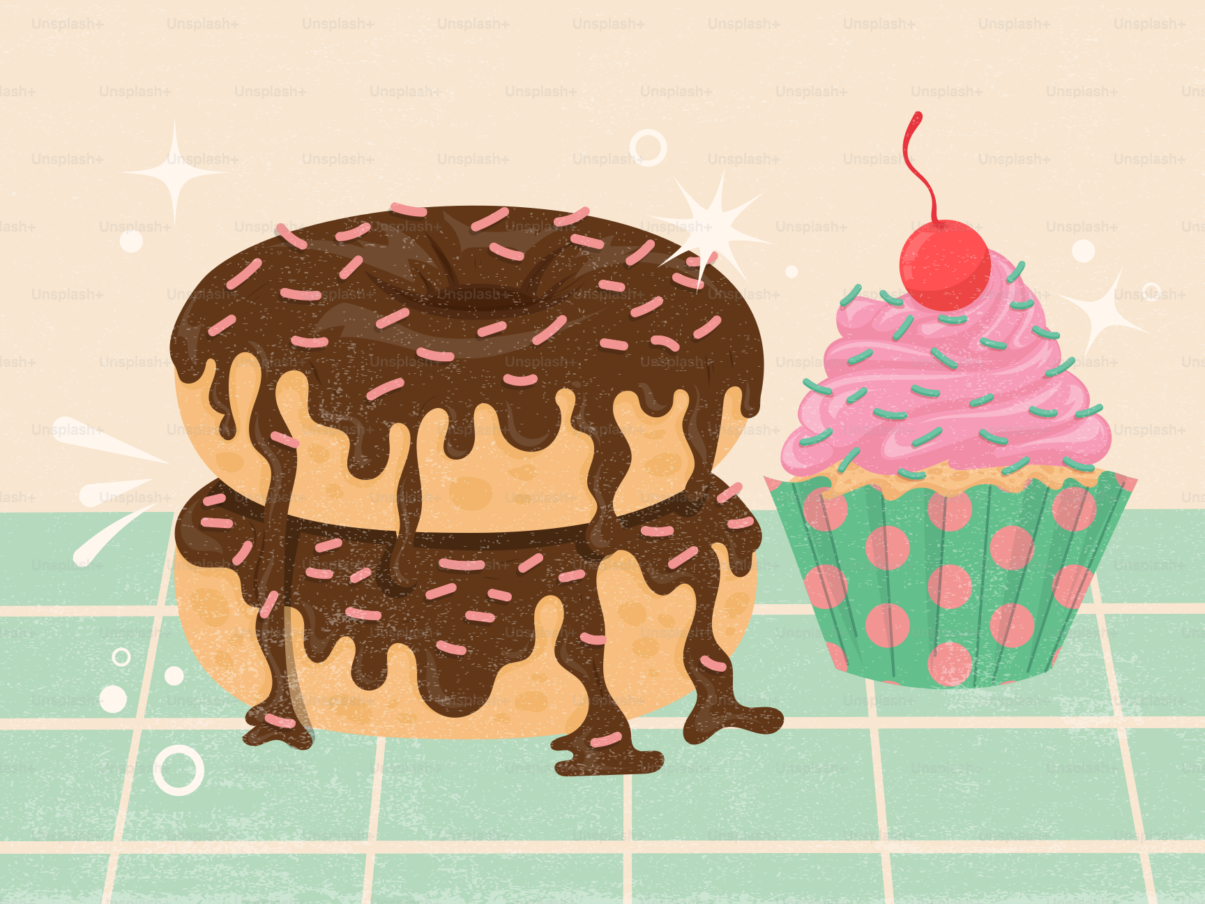 Zwei Schokoladen-Donuts, gestapelt mit einem rosa glasierten Cupcake