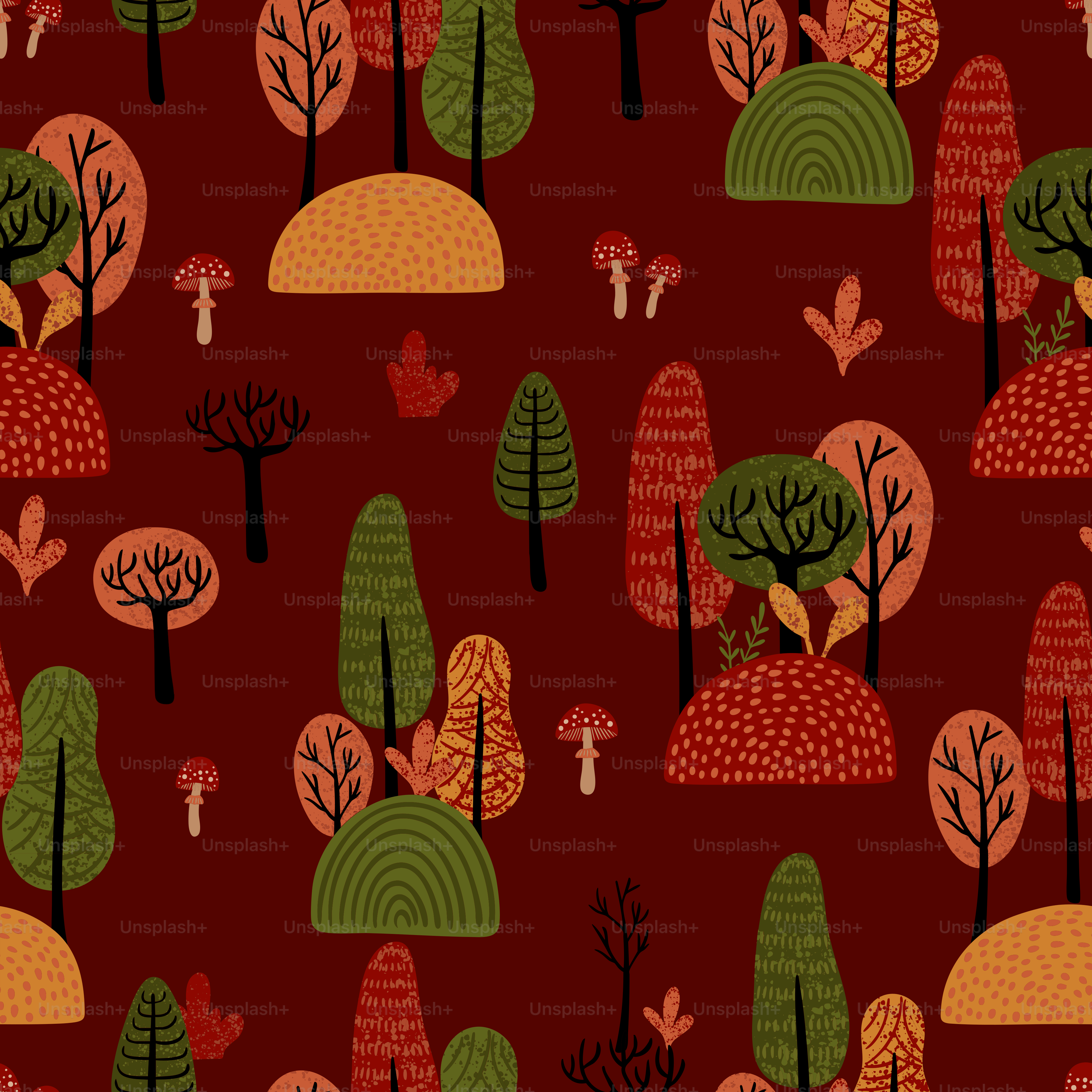 Autumn forest pattern with stylized trees and mushrooms