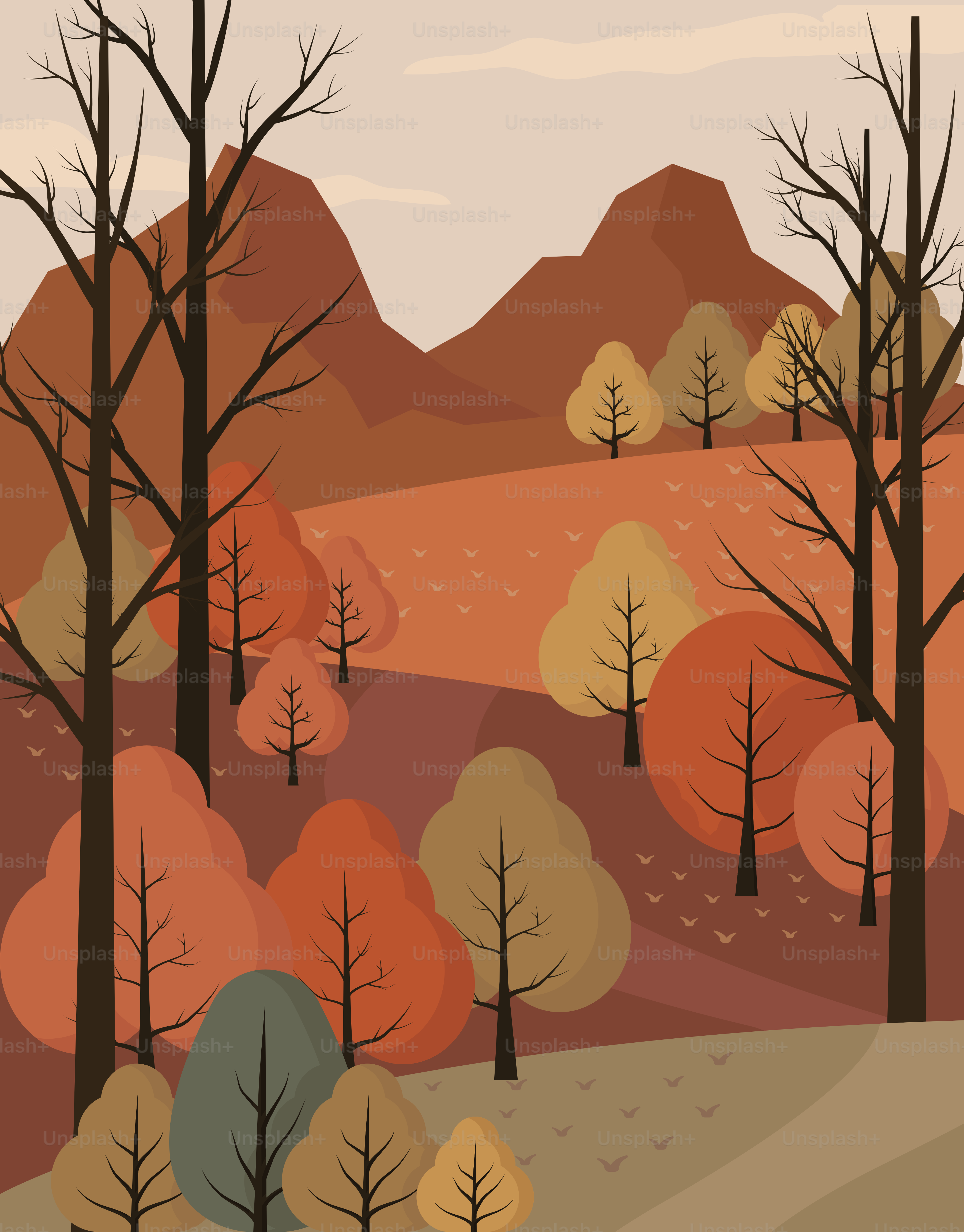 Autumn landscape with bare trees and colorful foliage