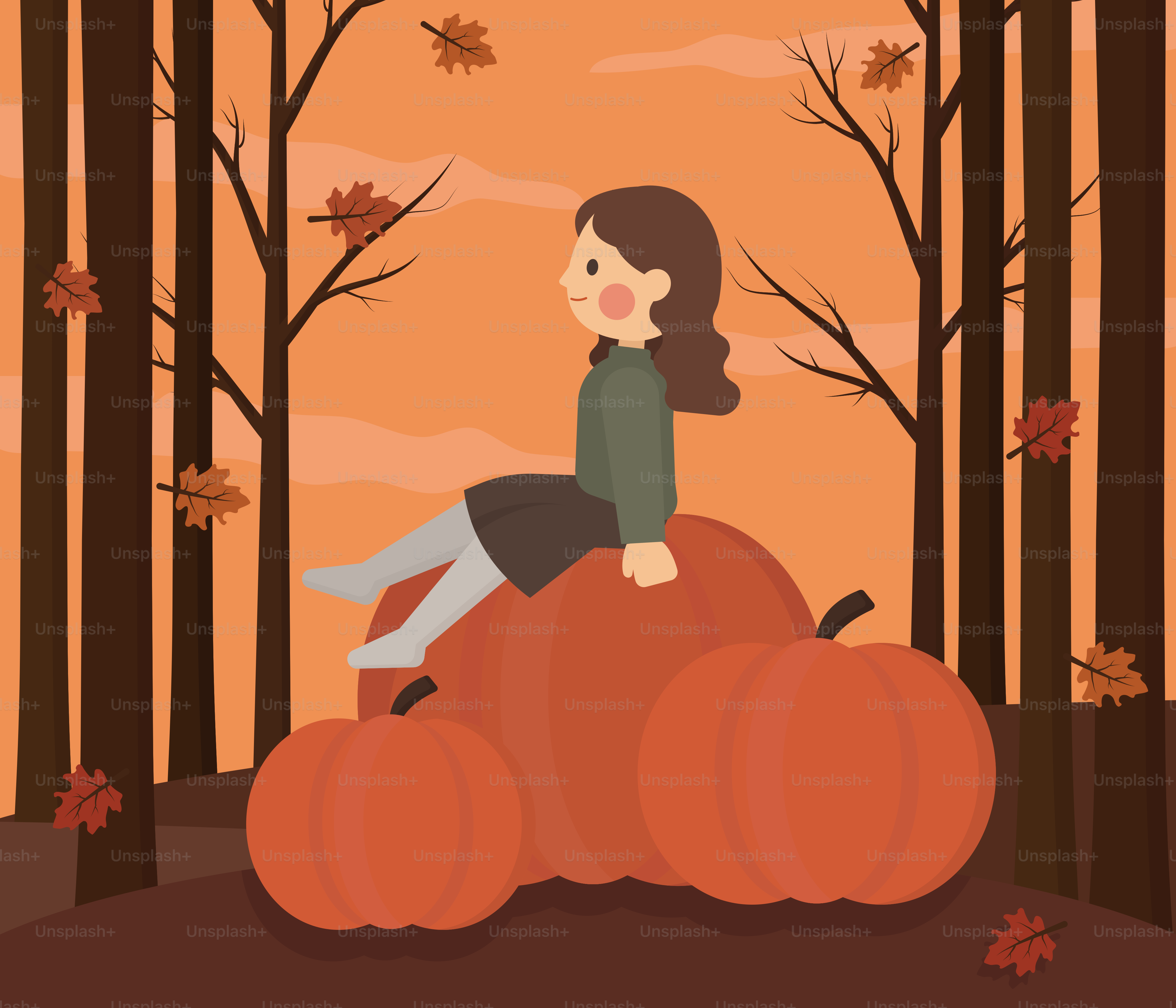 Mädchen sitzt auf Kürbissen im Herbstwald