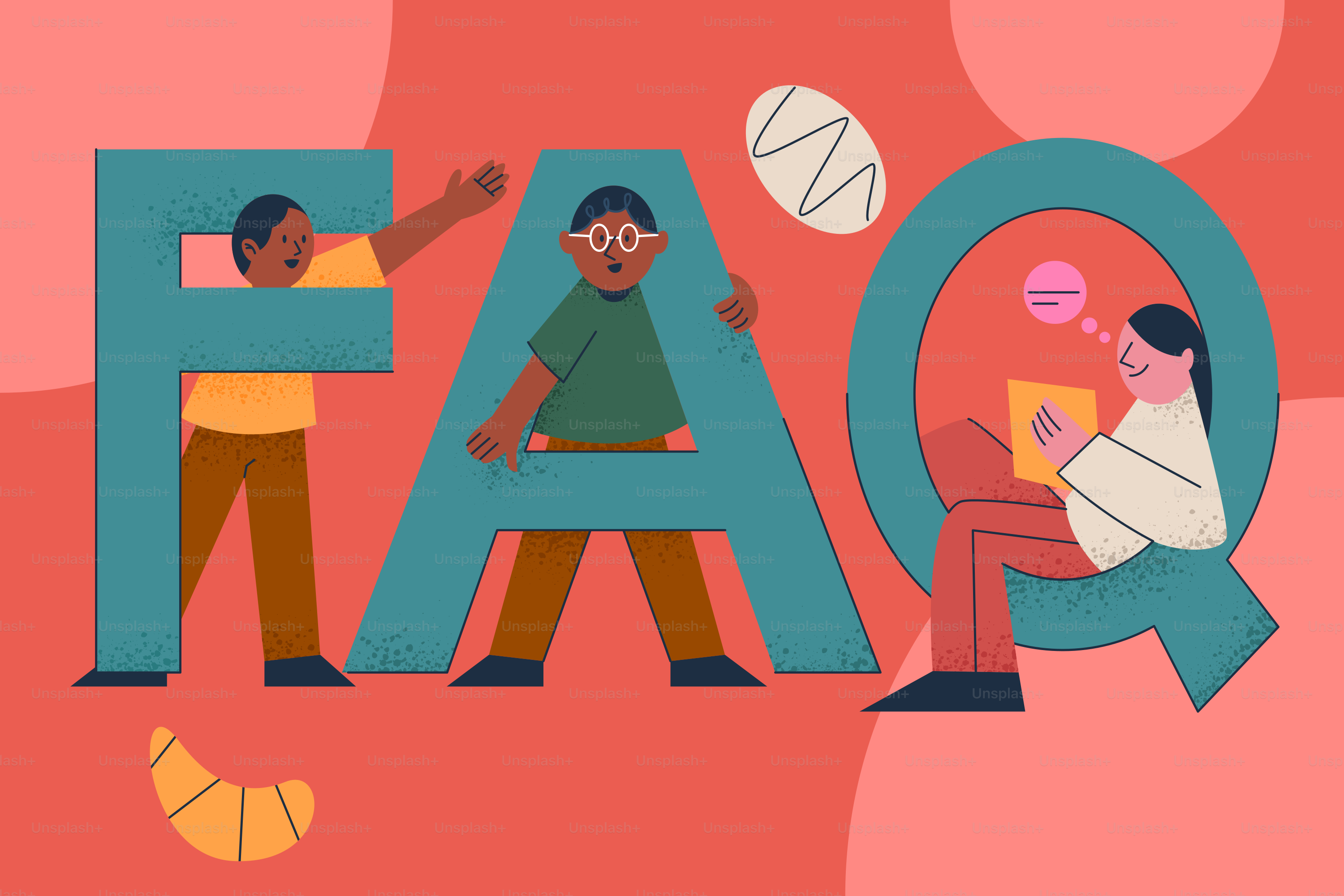 People interact with large faq letters on a coral background vector ...