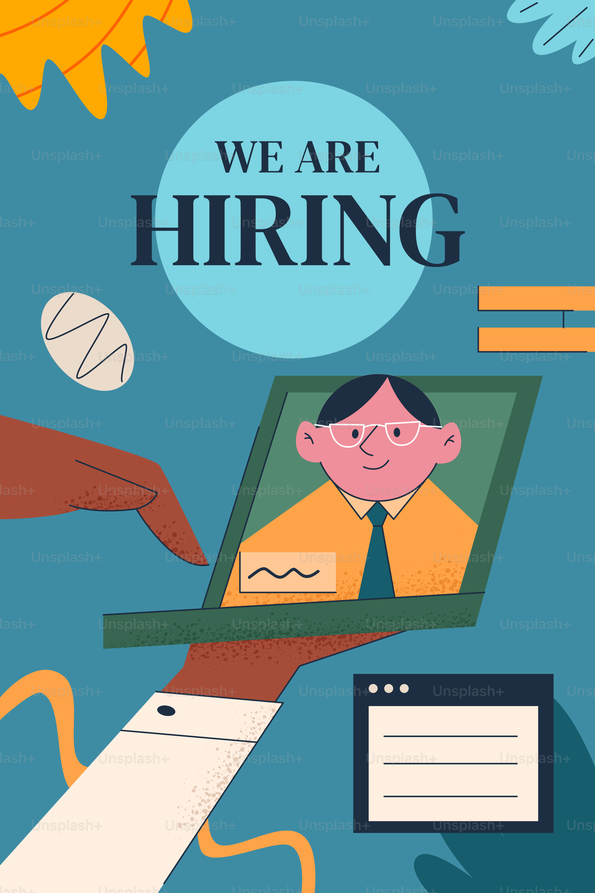 We are hiring text with person on laptop screen.