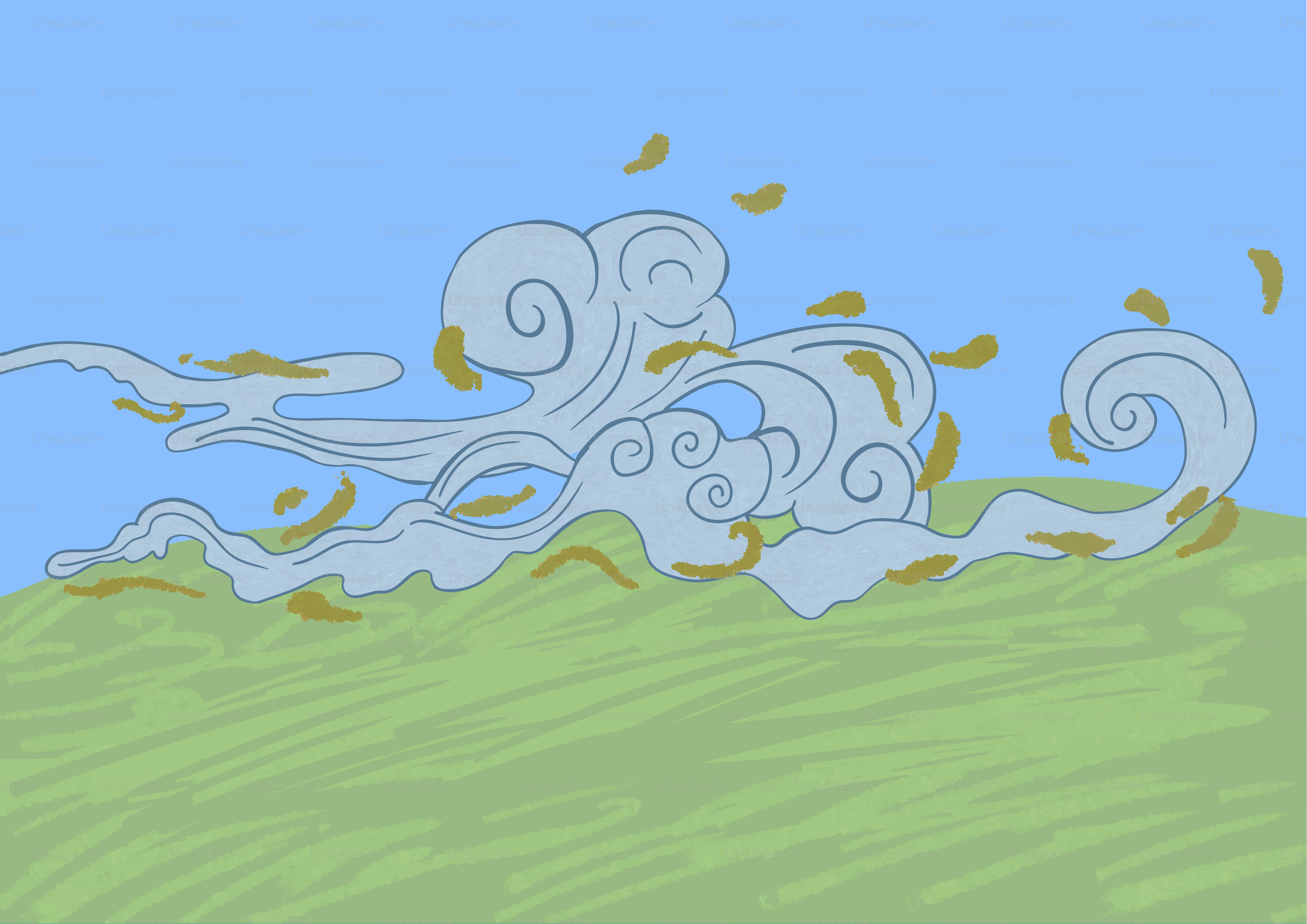 Stylized clouds moving over green hills