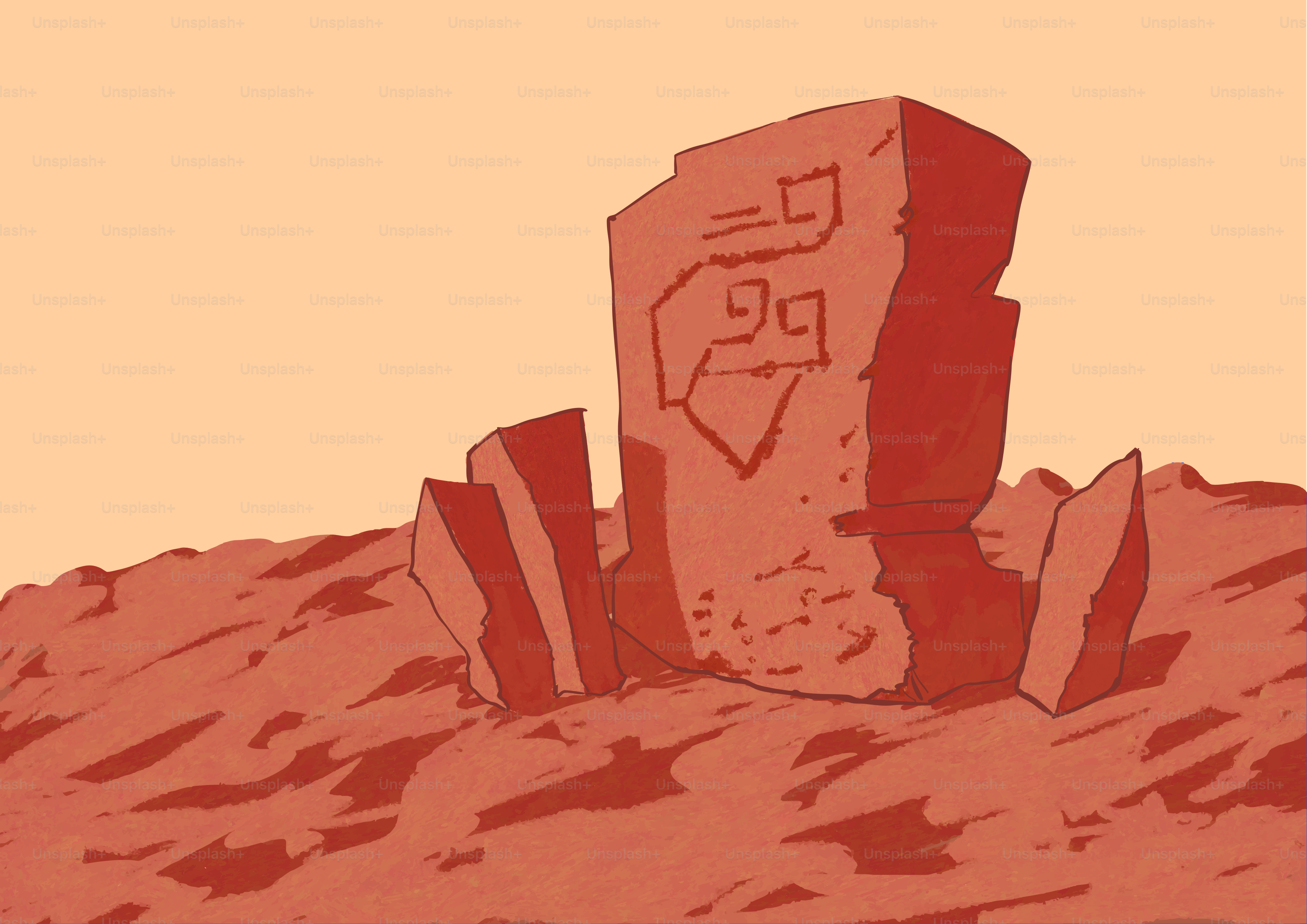 A weathered stone monument in a desolate landscape.