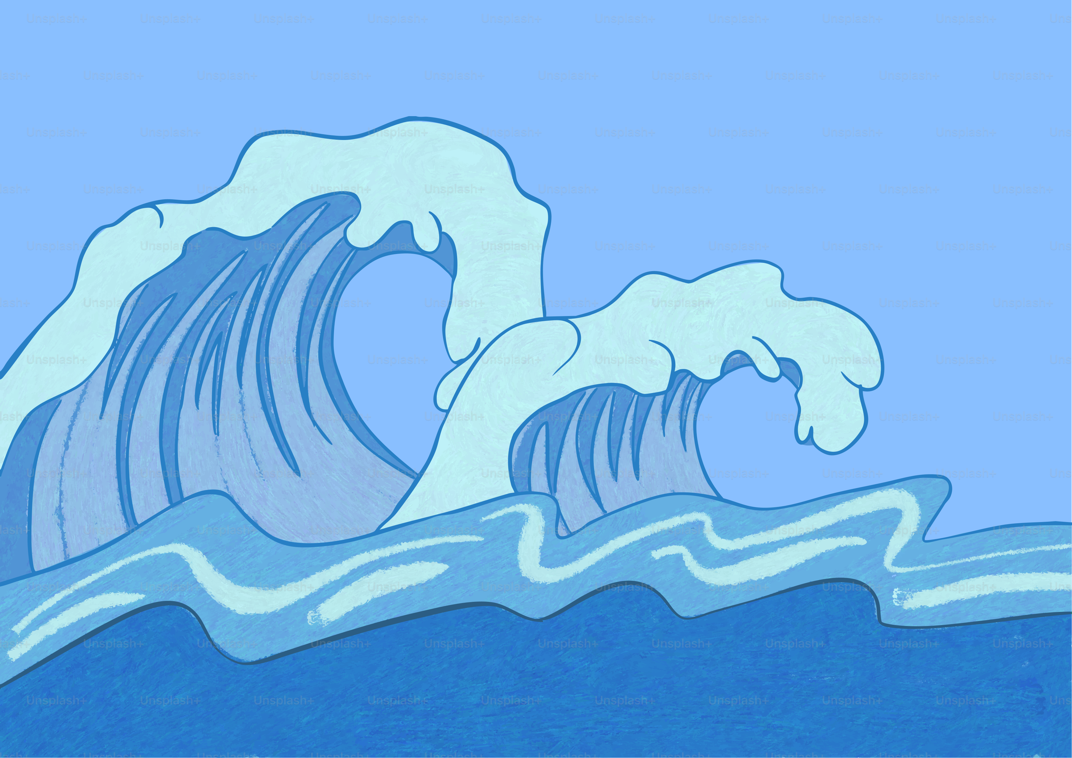 Stylized ocean waves crashing under a clear blue sky