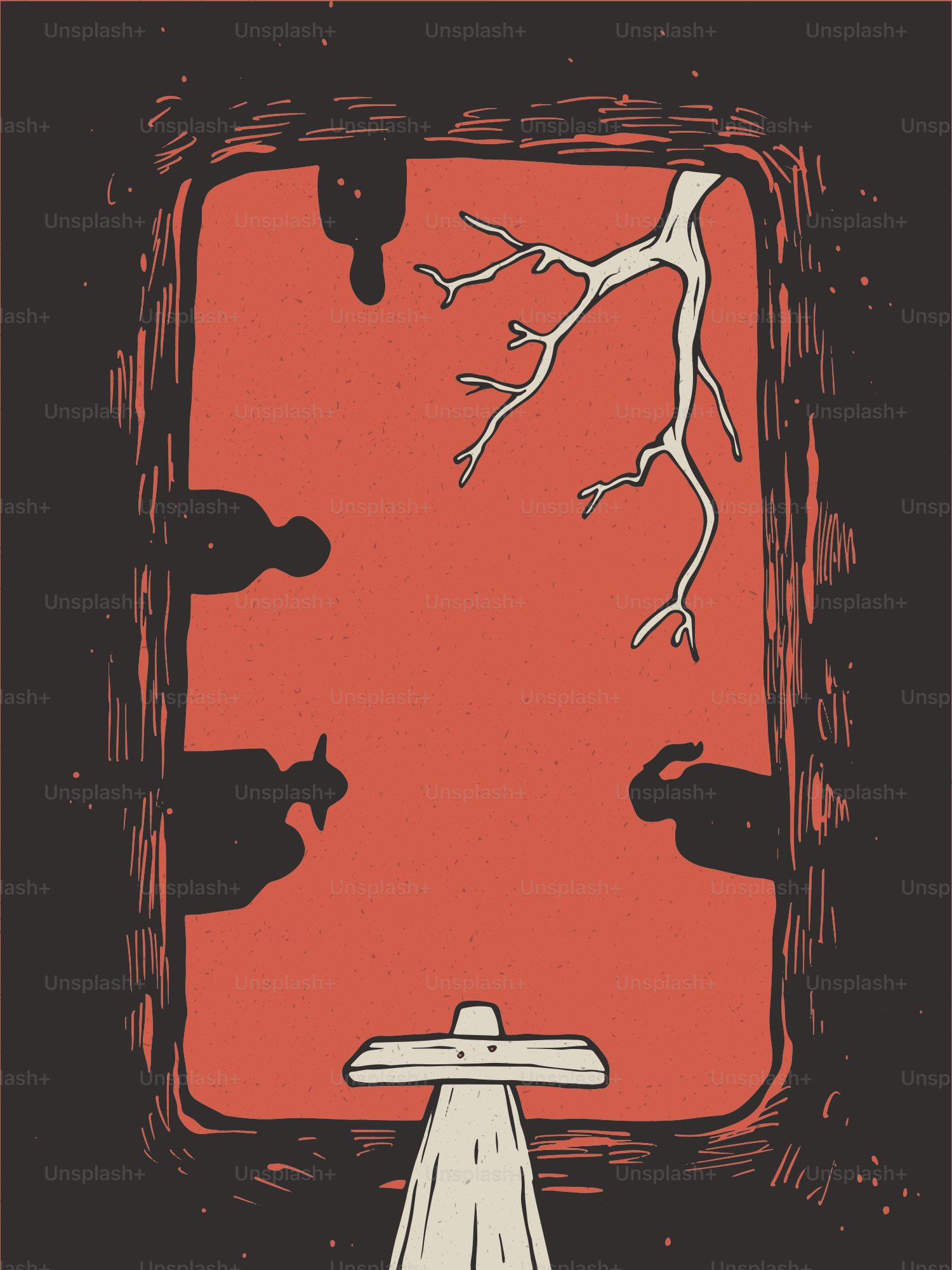 Escena abstracta con rectángulo rojo y figuras sombrías