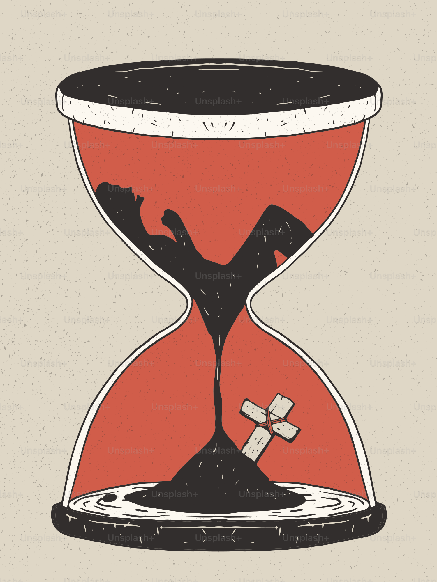 Hourglass with black sand and a small flower.