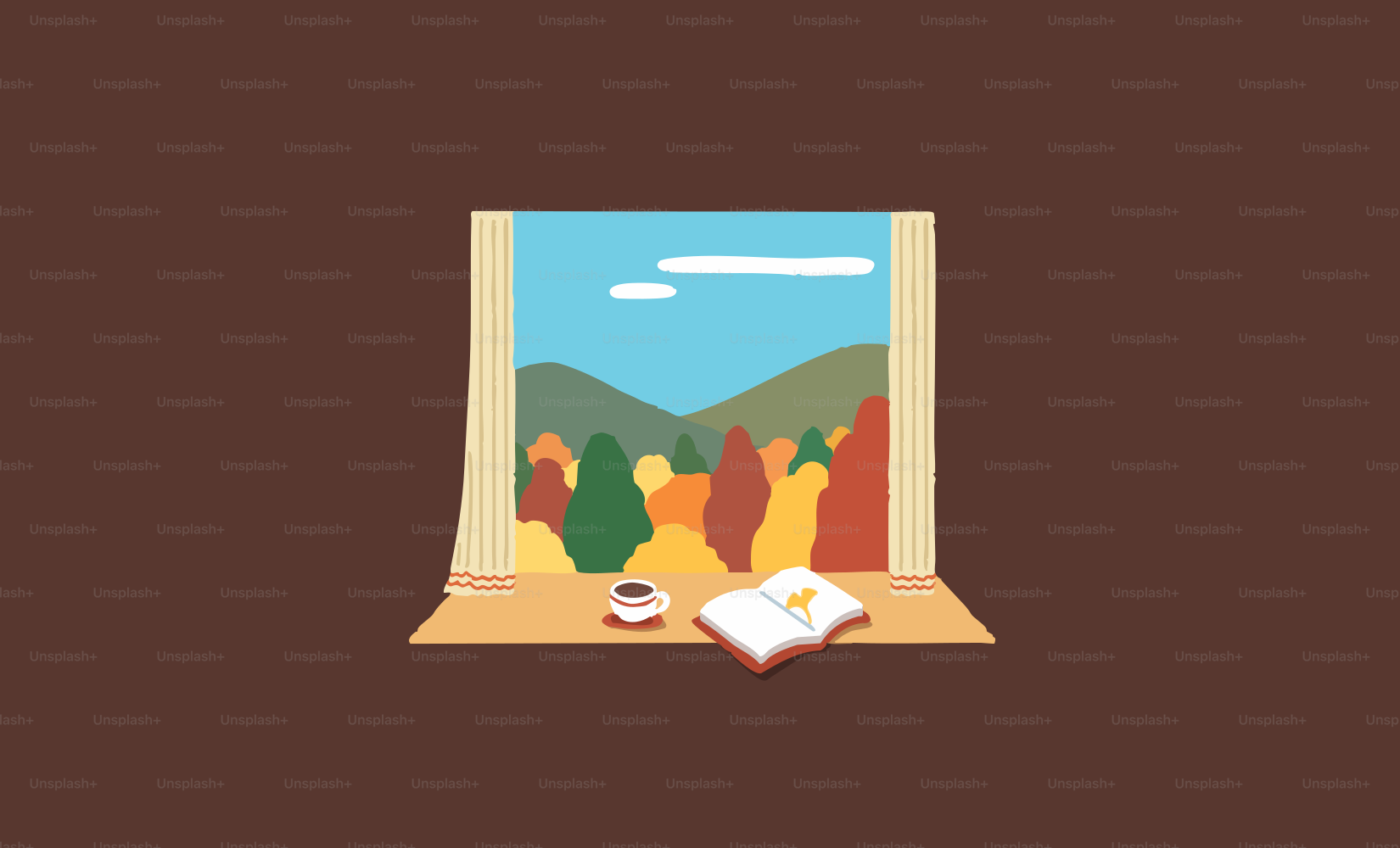 Autumn landscape viewed through a window with coffee.