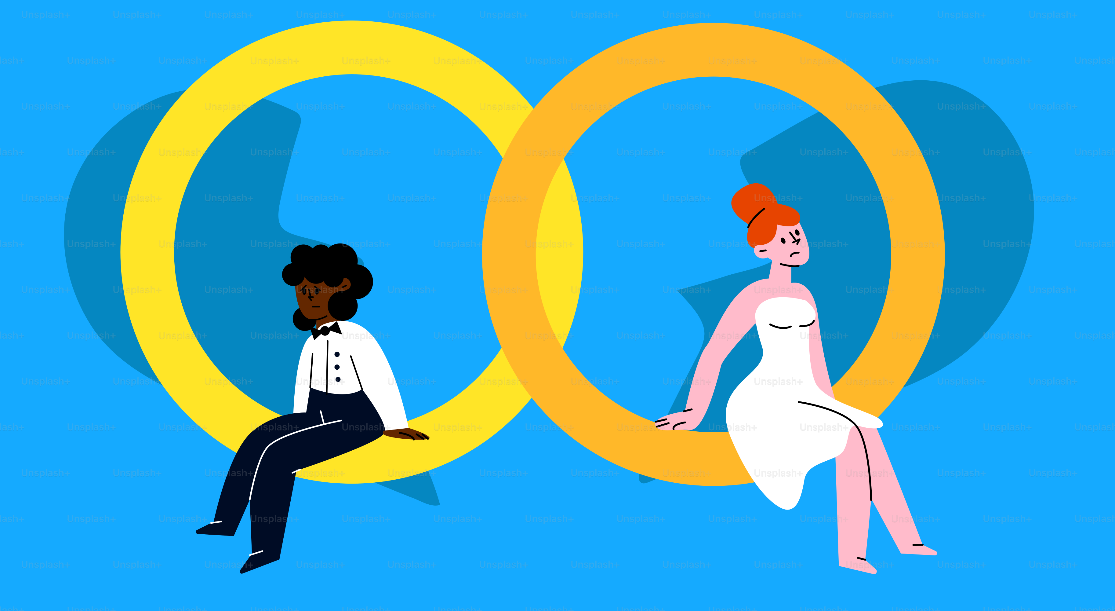 Two people sit within interlocking yellow rings.